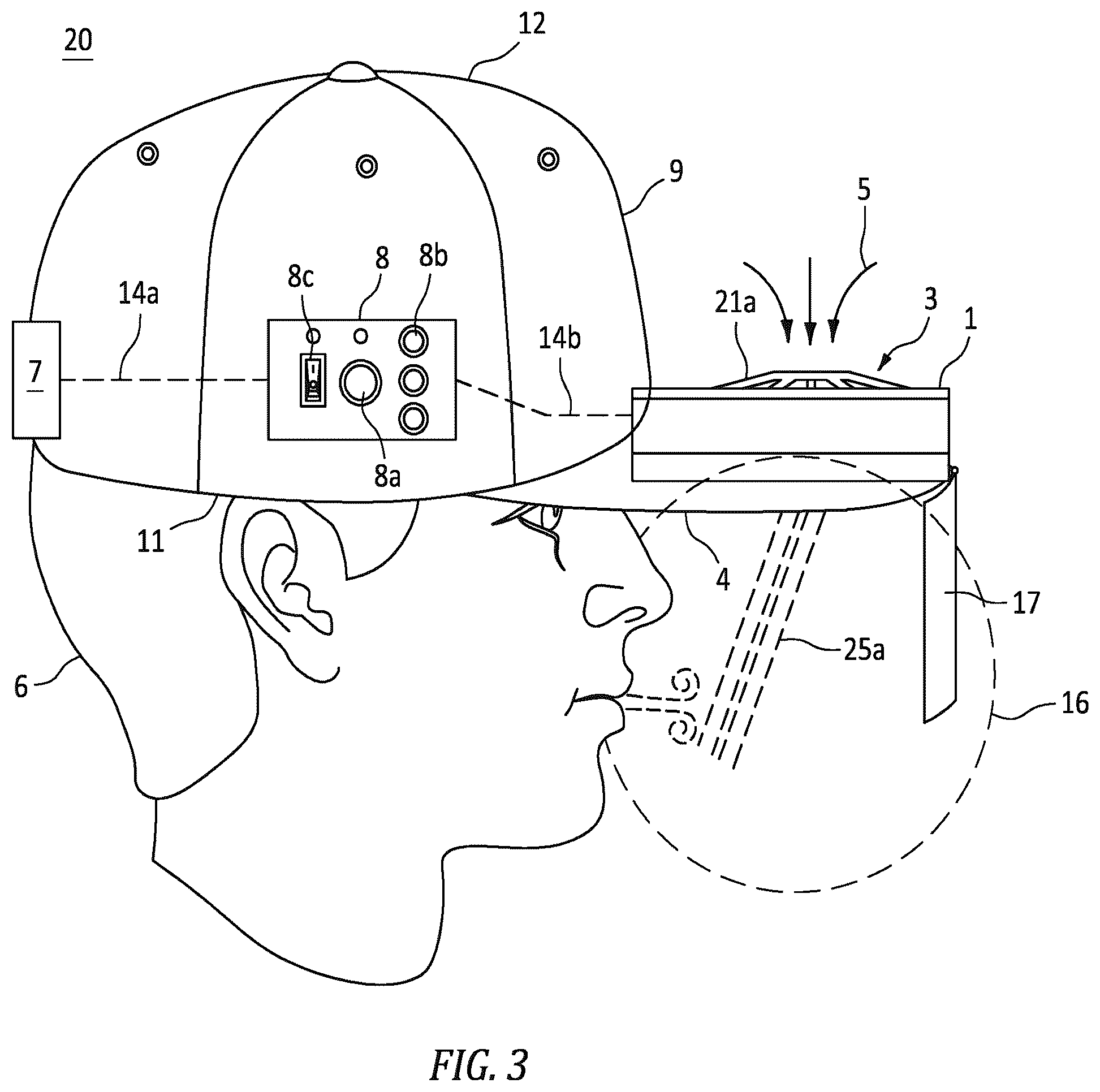 Patent US12496474 Figure 3 – Maskless respiratory and eye protection device for aerosols and vapors including chemical, biological, radiological, and nuclear (CBRN) contaminants