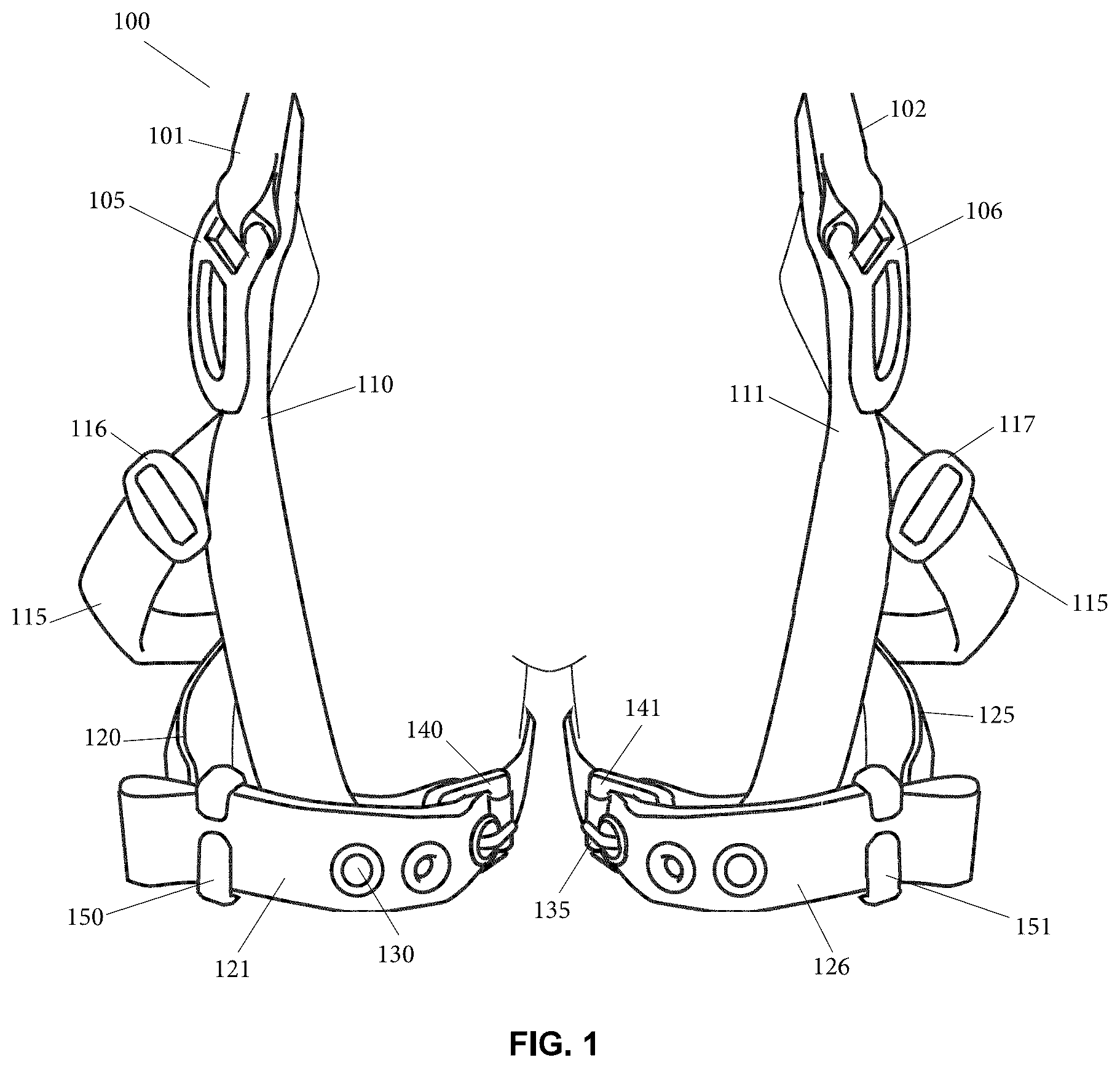 Patent US12496475 Figure 1 – Web harness system with leg components