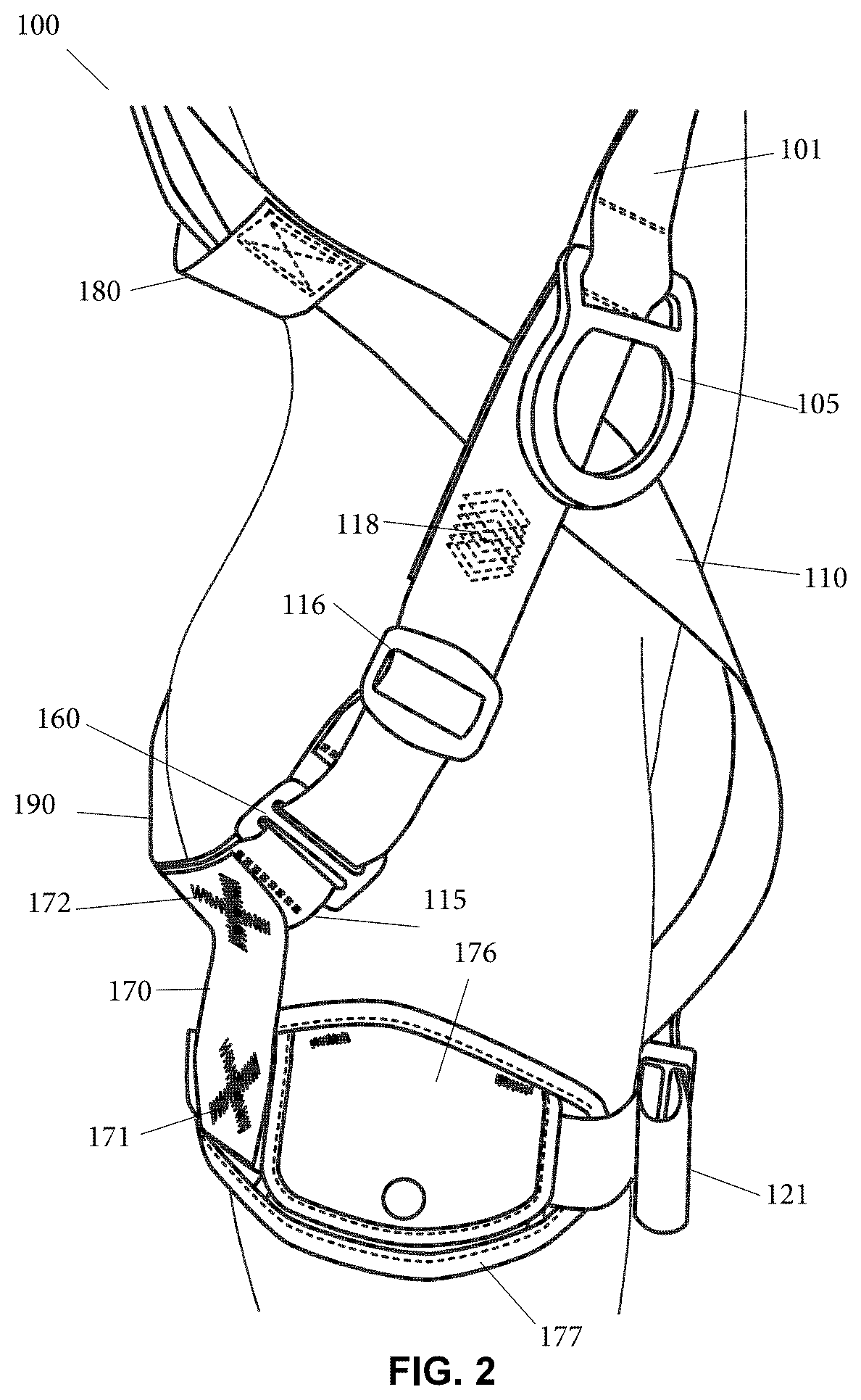 Patent US12496475 Figure 2 – Web harness system with leg components
