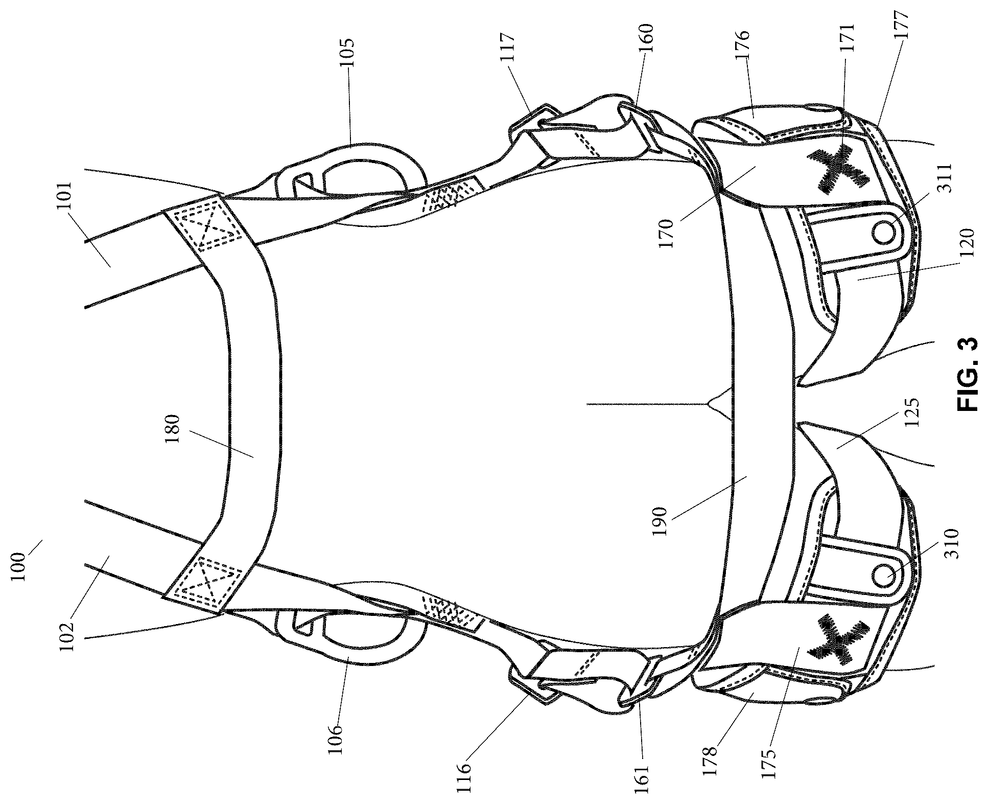Patent US12496475 Figure 3 – Web harness system with leg components