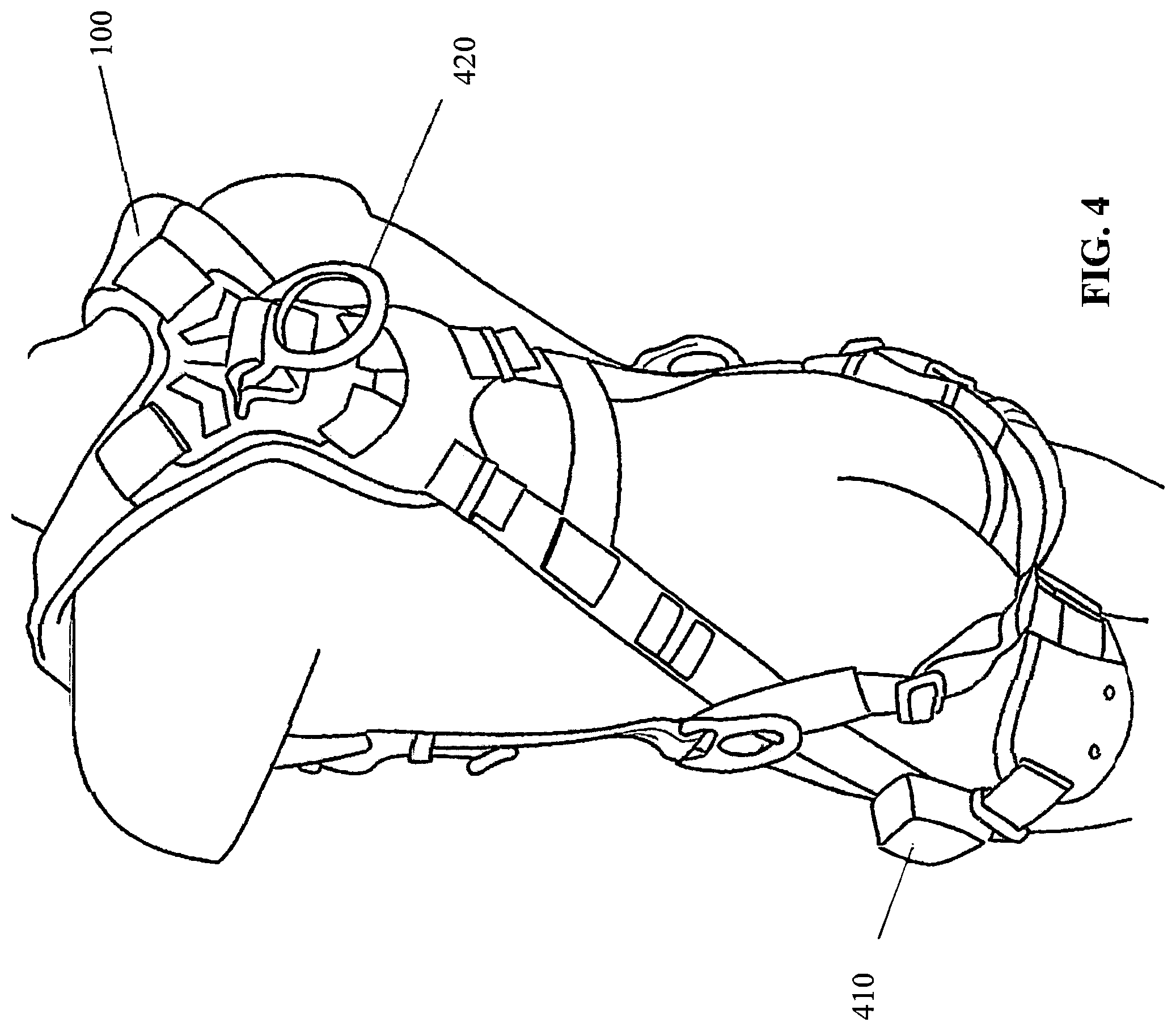 Patent US12496475 Figure 4 – Web harness system with leg components