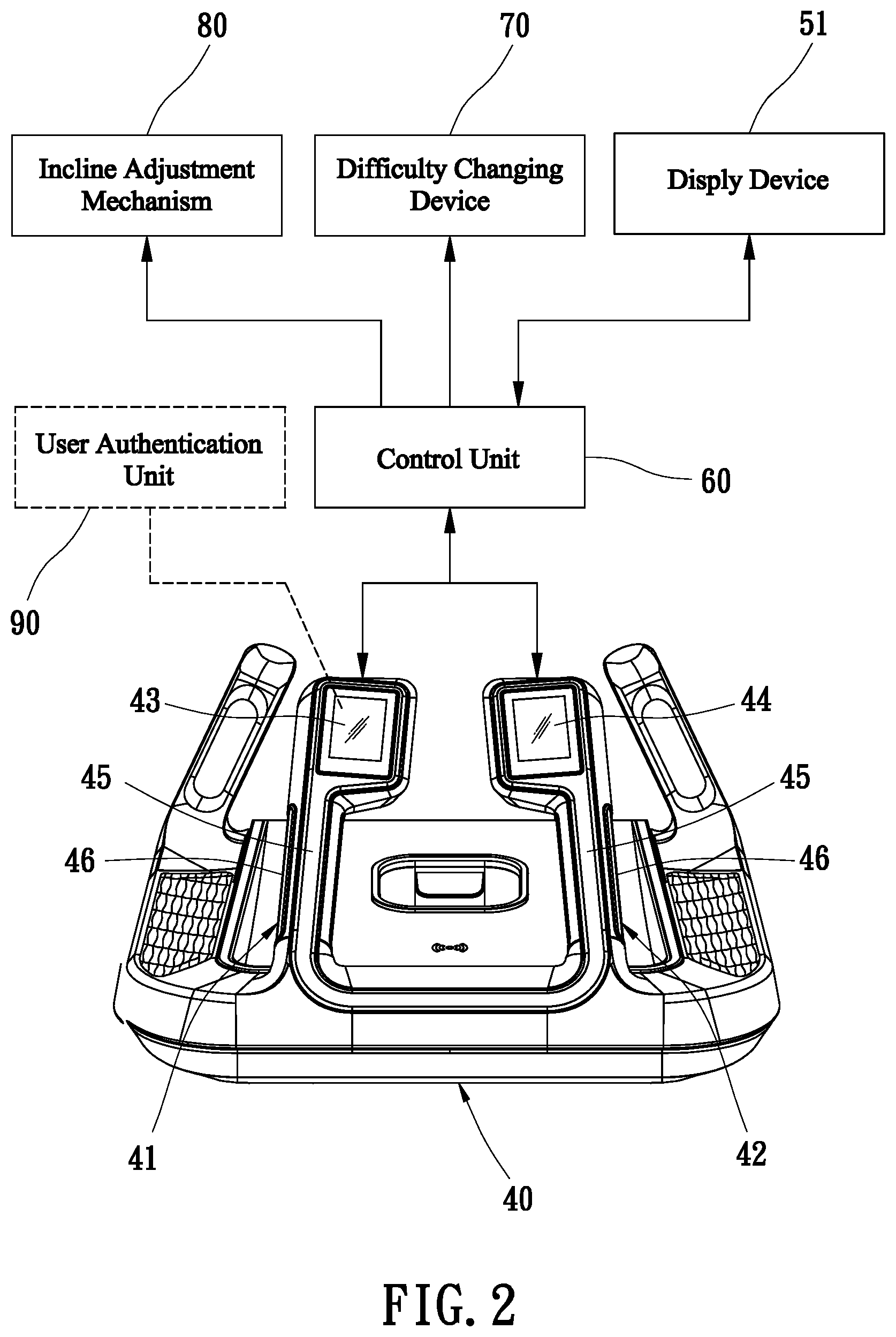 Patent US12496494 Figure 2 – Exercise apparatus with control interfaces on handles