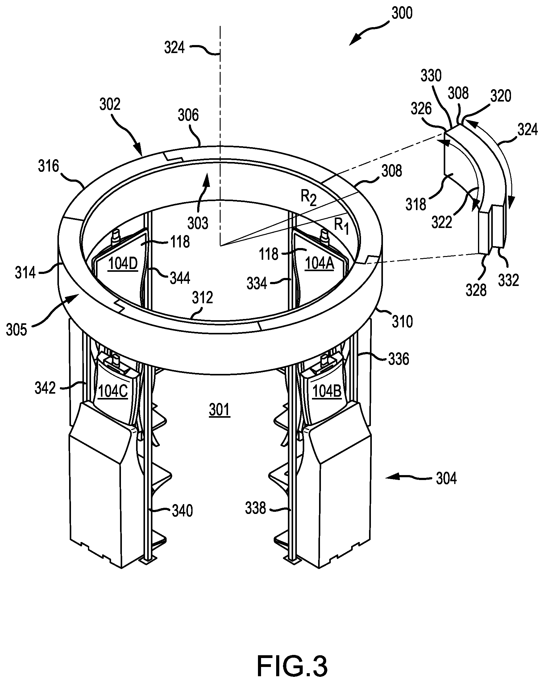 Patent US12496530 Figure 3 – Overhead display having concentric inner and outer displays and associated systems and methods