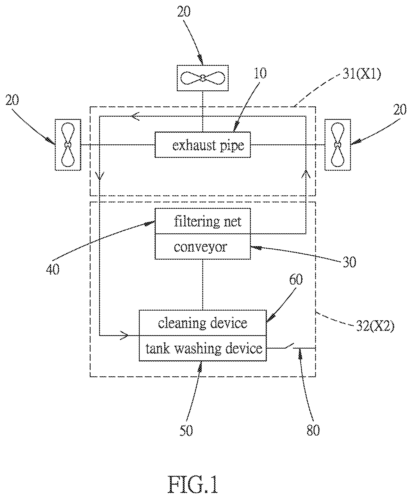 Patent US12496545 Figure 1 – Exhaust gas emission circulation filtering apparatus for air pollution prevention