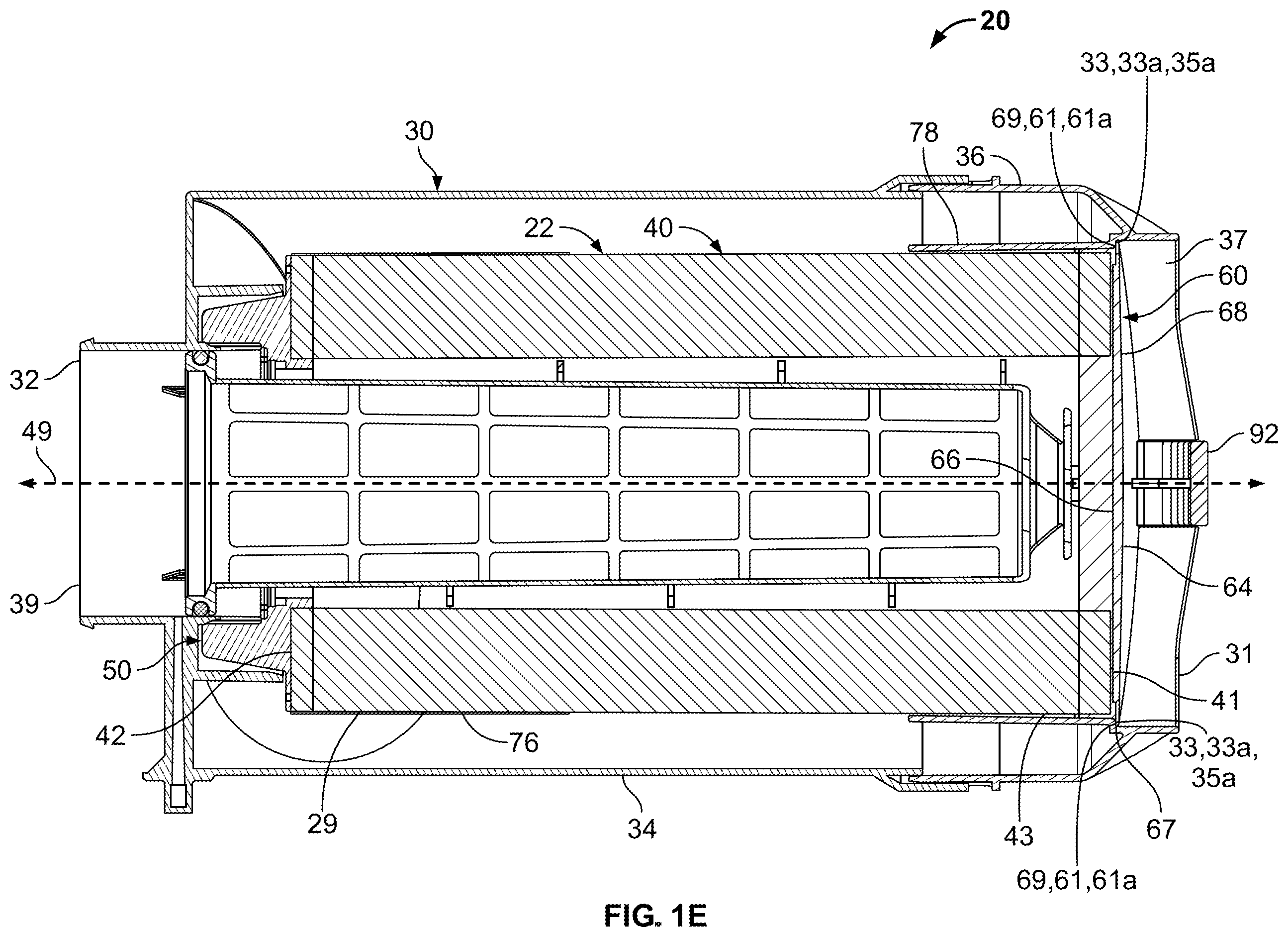 Patent US12496546 Figure 5 – Filter element with closed endcap forming a seal positioned at different axial distances
