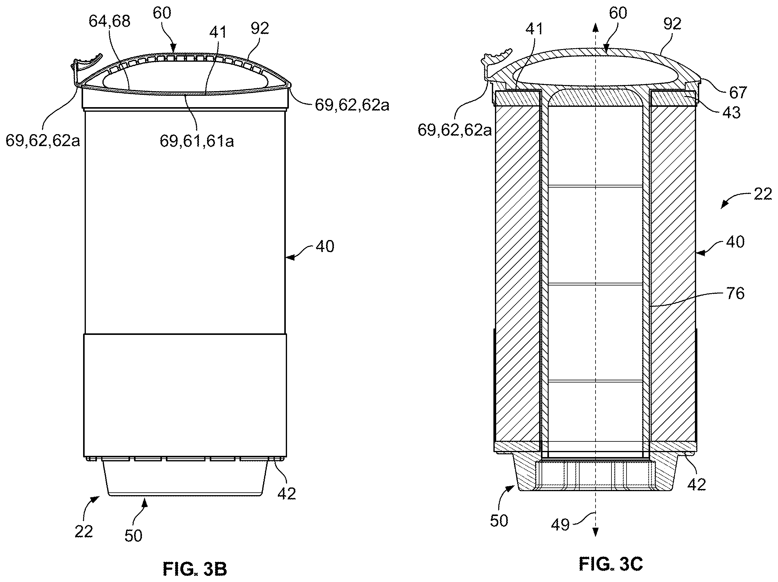 Patent US12496546 Figure 8 – Filter element with closed endcap forming a seal positioned at different axial distances