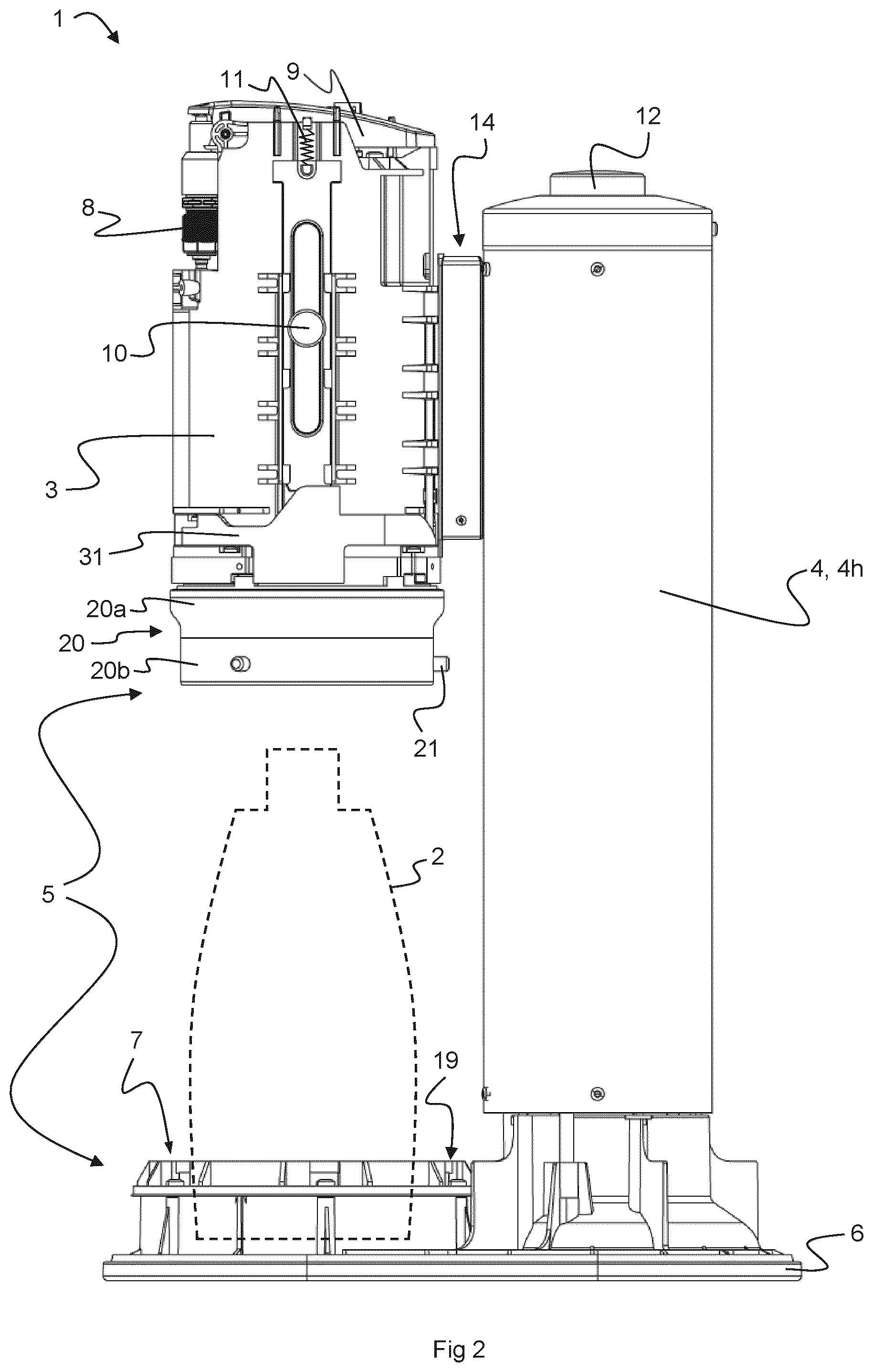 Patent US12496559 Figure 2 – Carbonator with guiding assembly