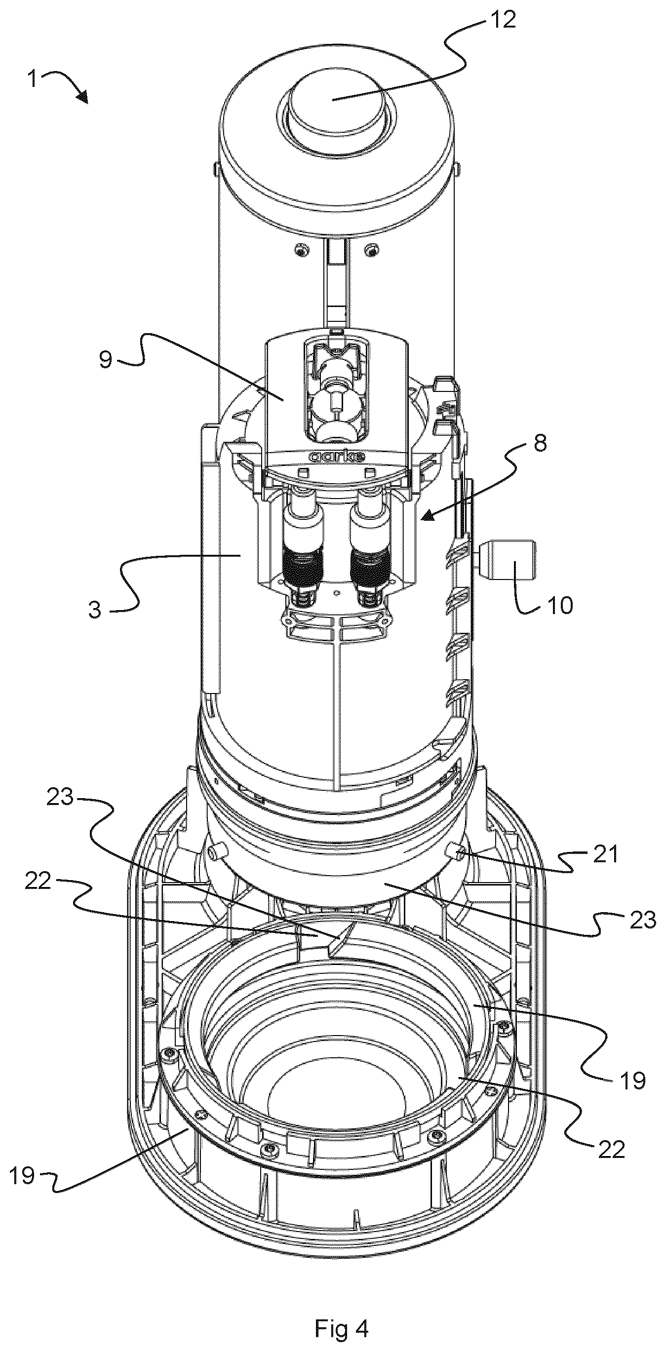Patent US12496559 Figure 4 – Carbonator with guiding assembly