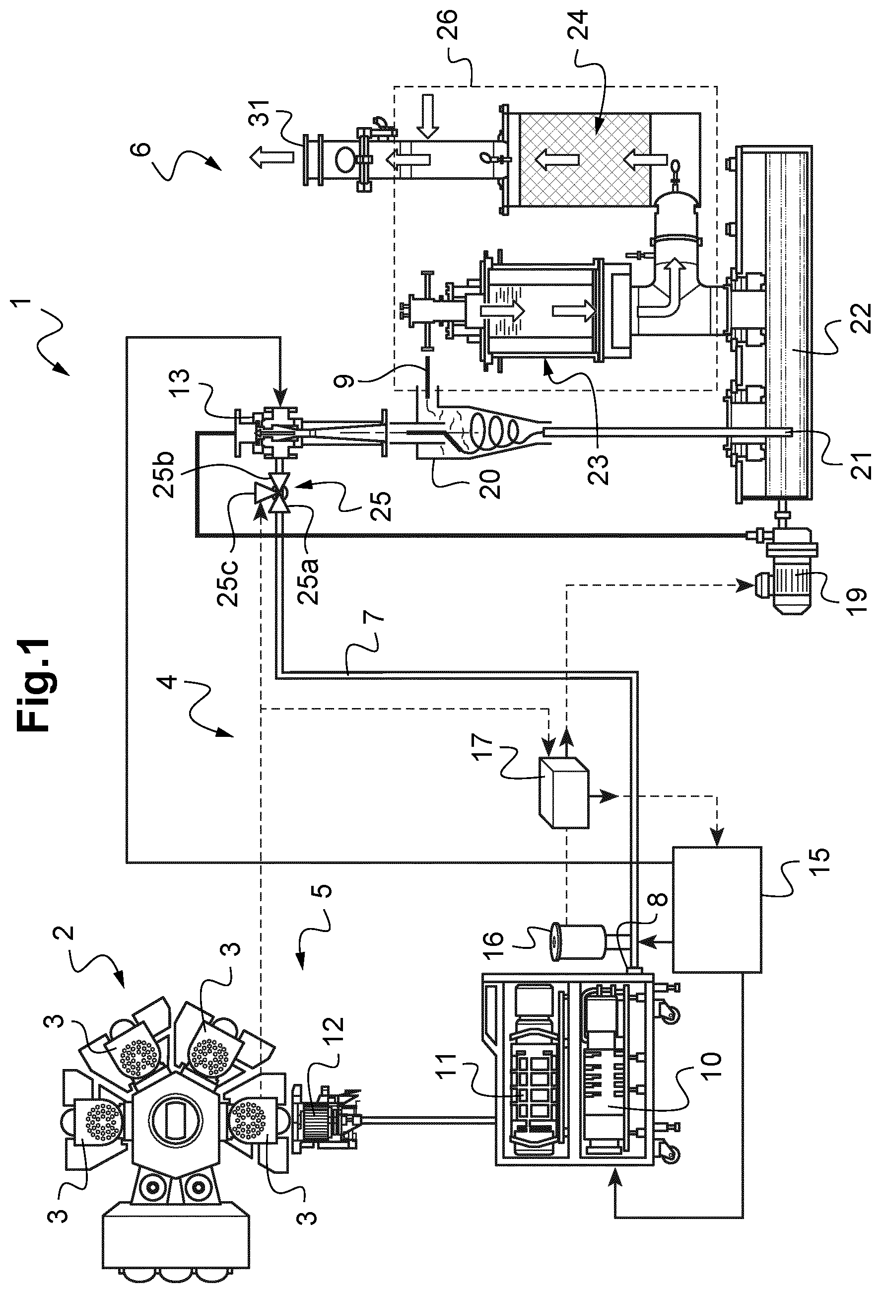 Patent US12496563 Figure 1 – Vacuum line and method for controlling a vacuum line to reduce explosion potential via injection of diluent gas to lower flammable gas concentration