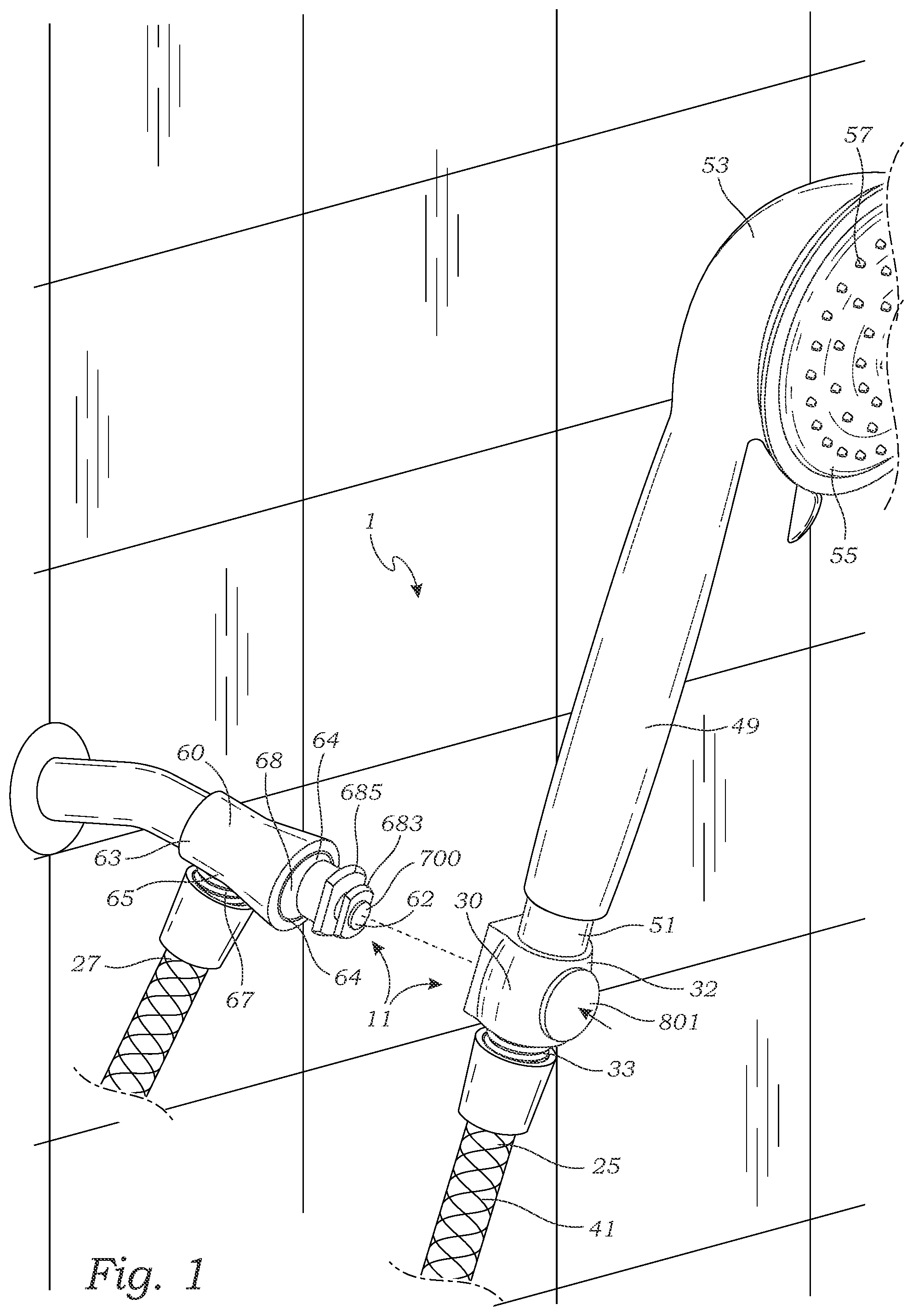 Patent US12496597 Figure 1 – Showerhead with adapter assembly