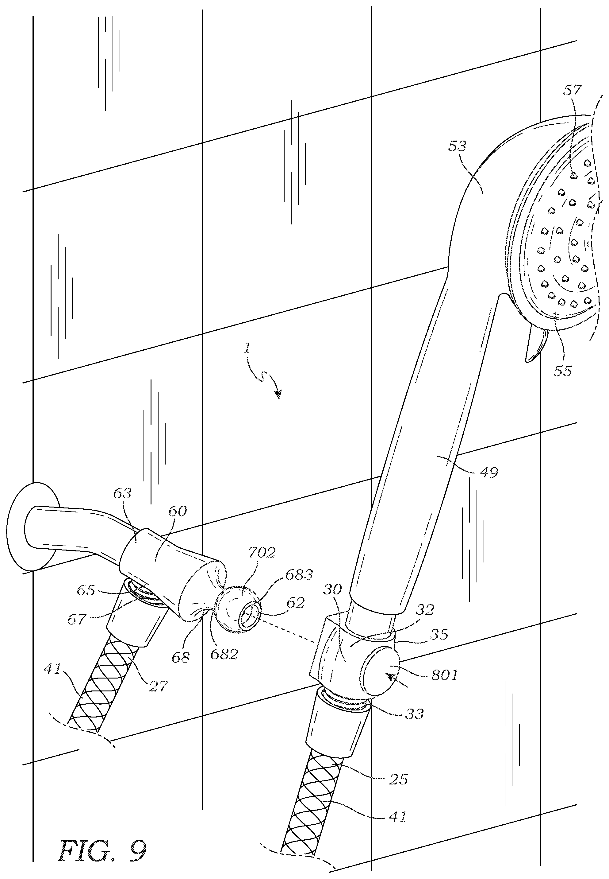 Patent US12496597 Figure 5 – Showerhead with adapter assembly