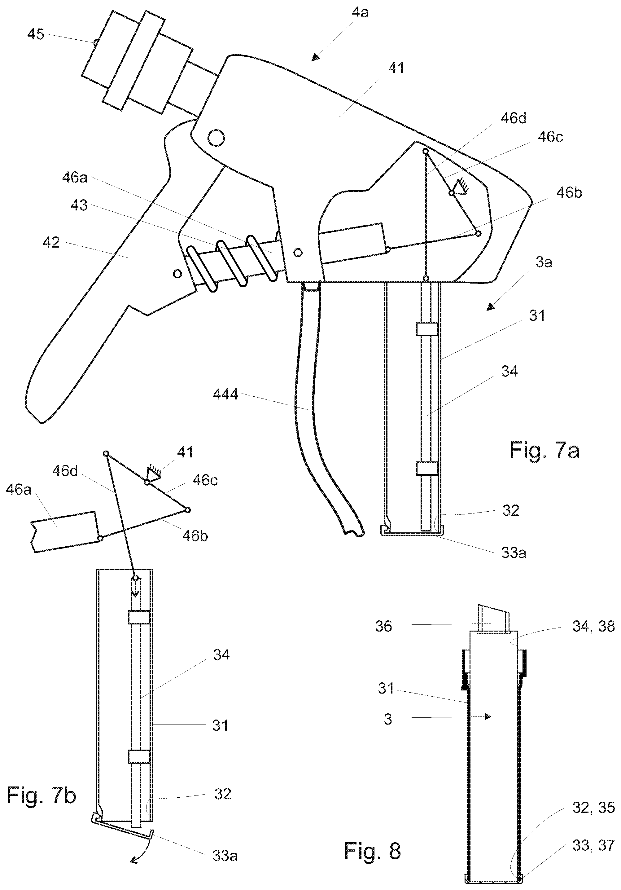 Patent US12496601 Figure 4 – Dispensing device for combining at least two separate components of a multi-component system prior to first use and a replaceable container apt to be installed in such a dispensing device