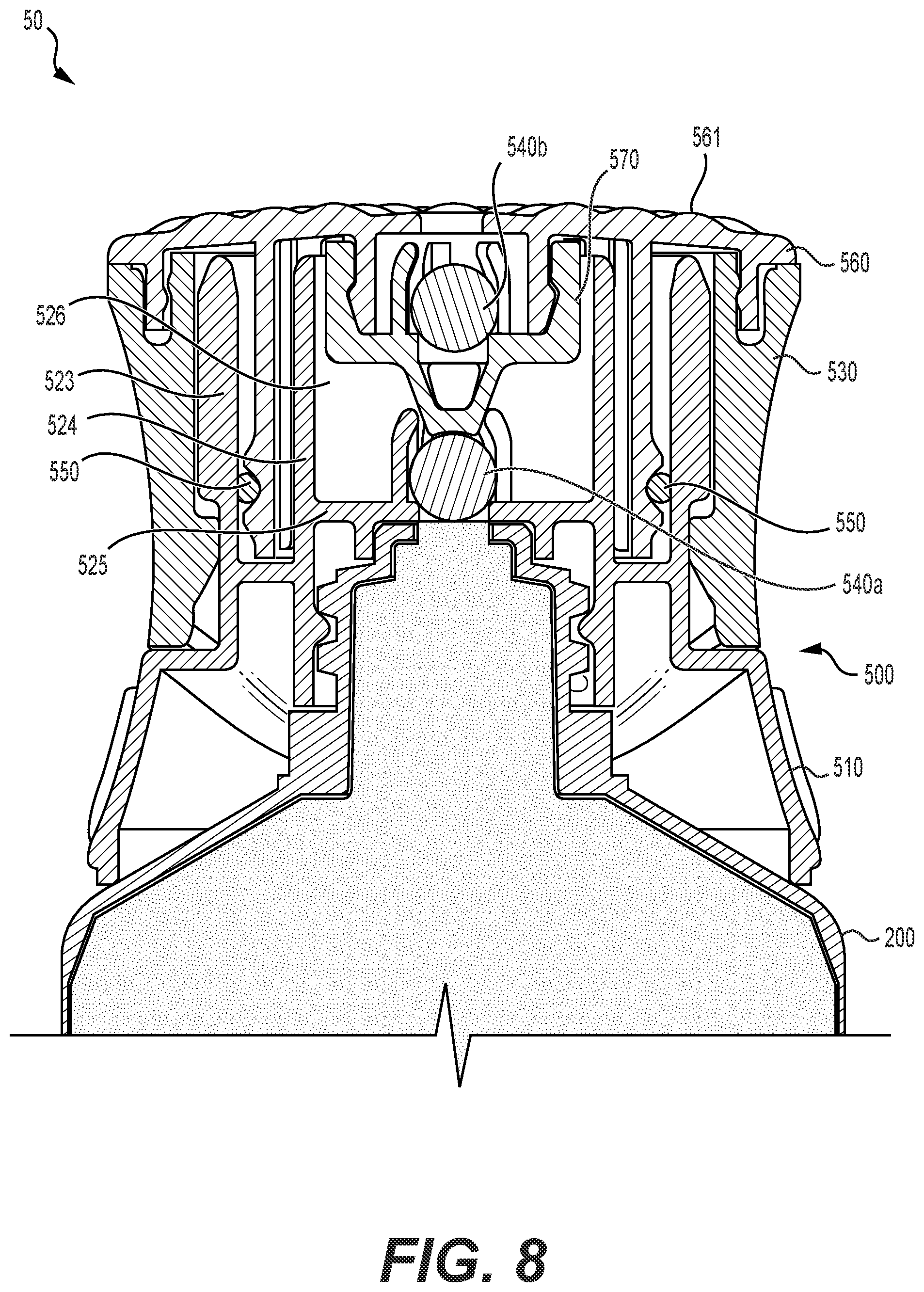 Patent US12496602 Figure 8 – Dosing device with dosing cap