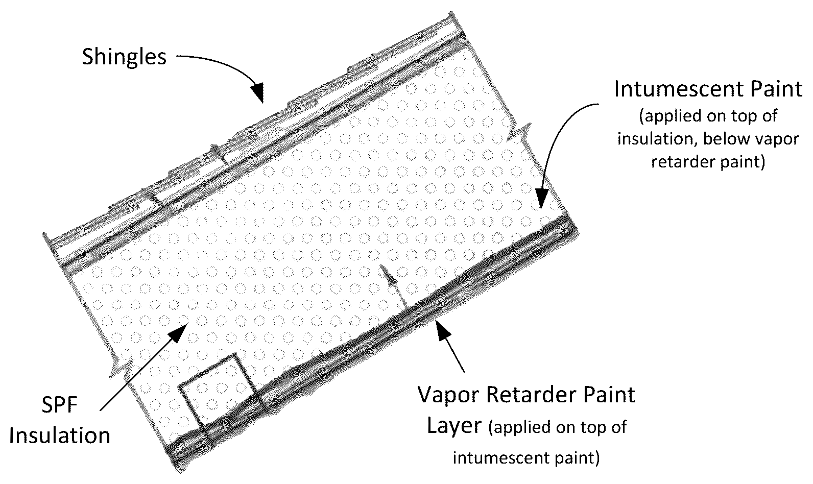 Patent US12496615 Figure 1 – Application of intumescent and vapor retarder coatings on open-cell spray polyurethane insulation