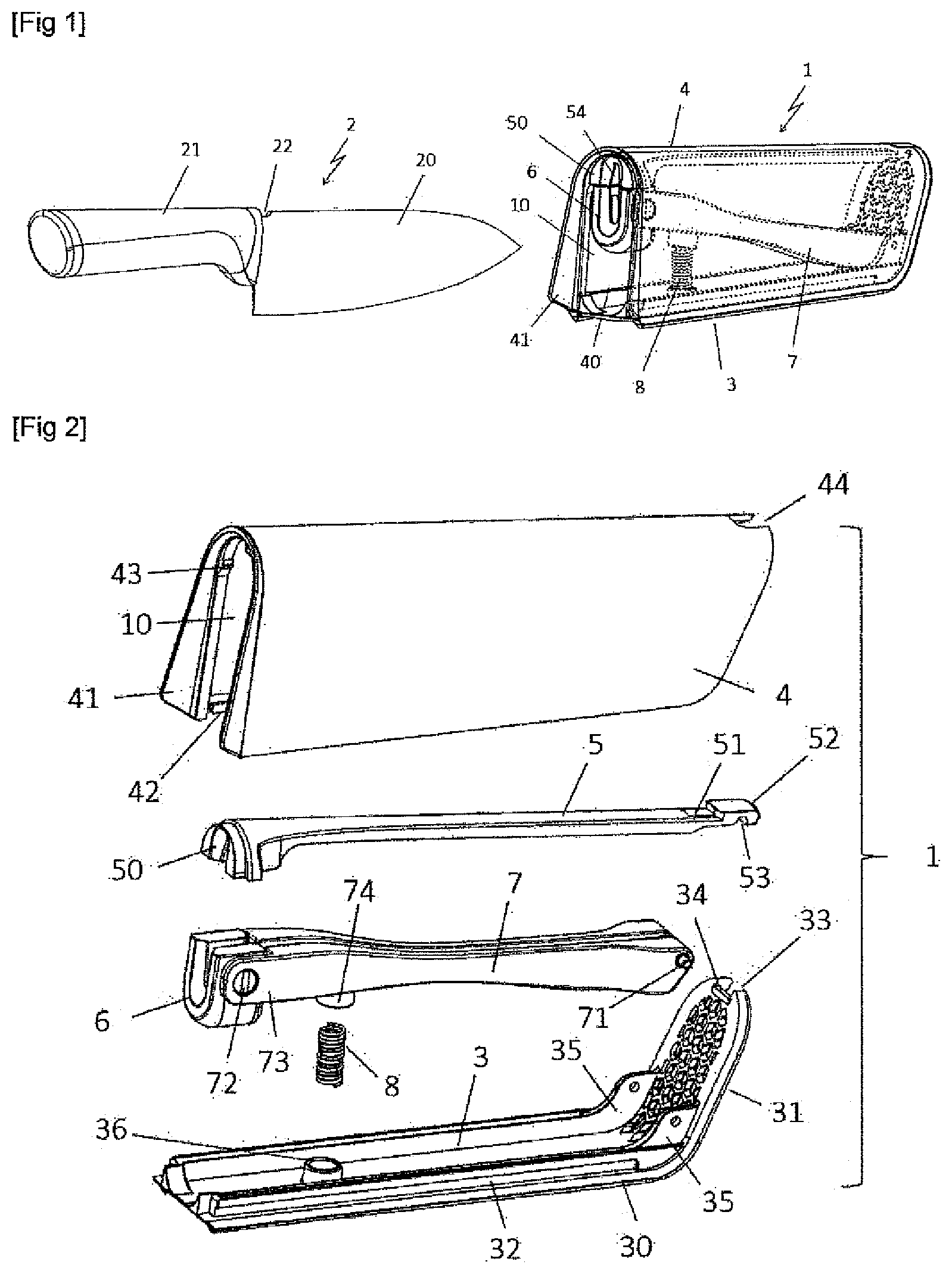 Patent US12496687 Figure 1 – Sharpening sheath adapted to receive a knife, and combination of such a sheath and a knife
