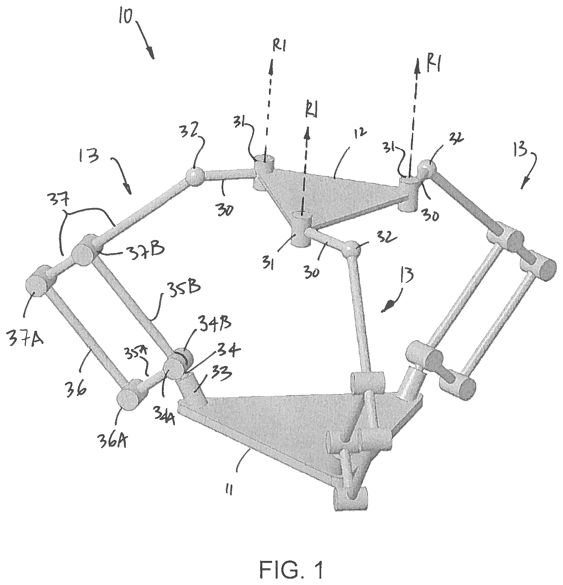 Patent US12496705 Figure 1 – Parallel mechanism with kinematically redundant actuation