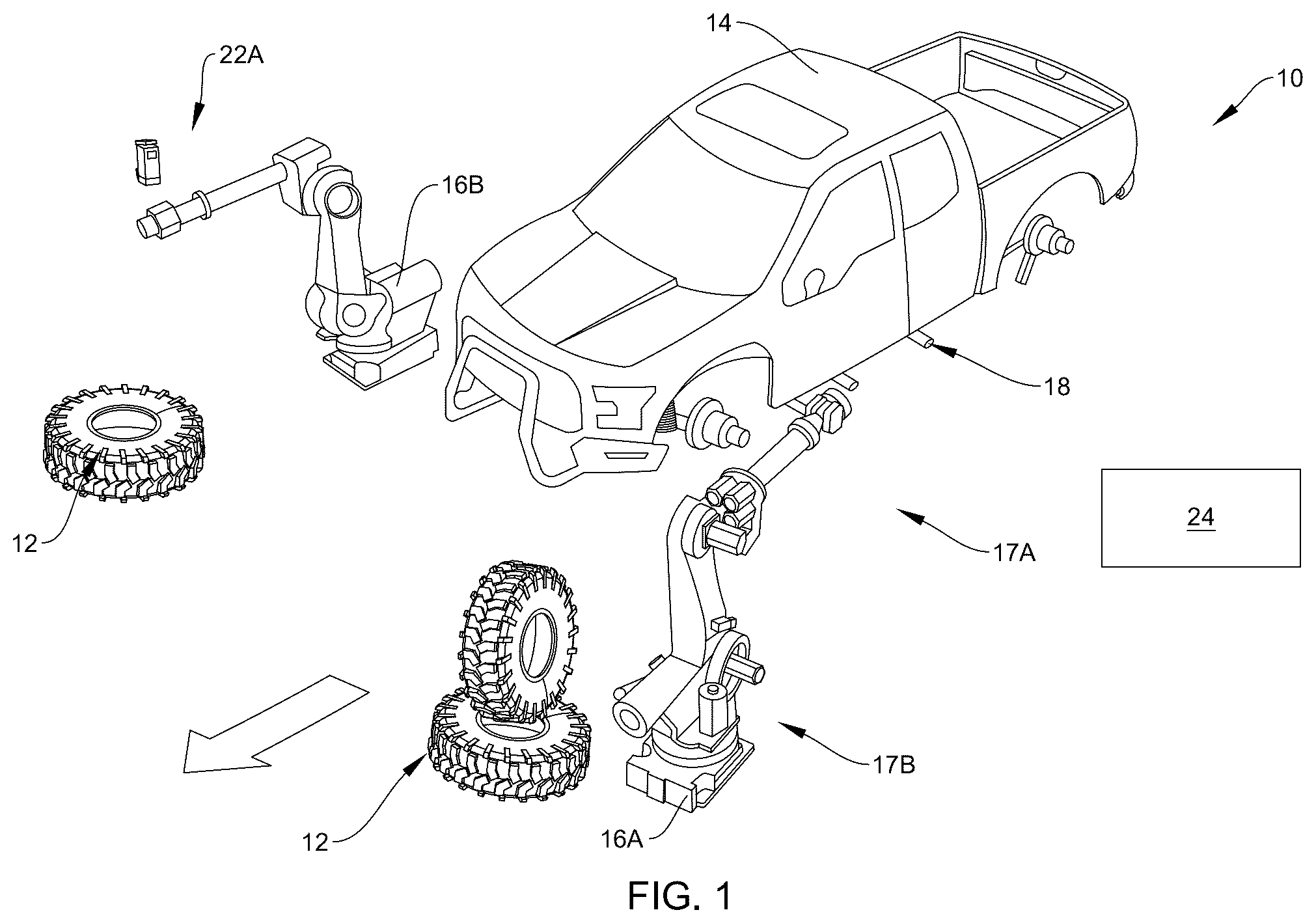 Patent US12496724 Figure 1 – Systems and methods for mounting wheels to partially assembled vehicles in motion