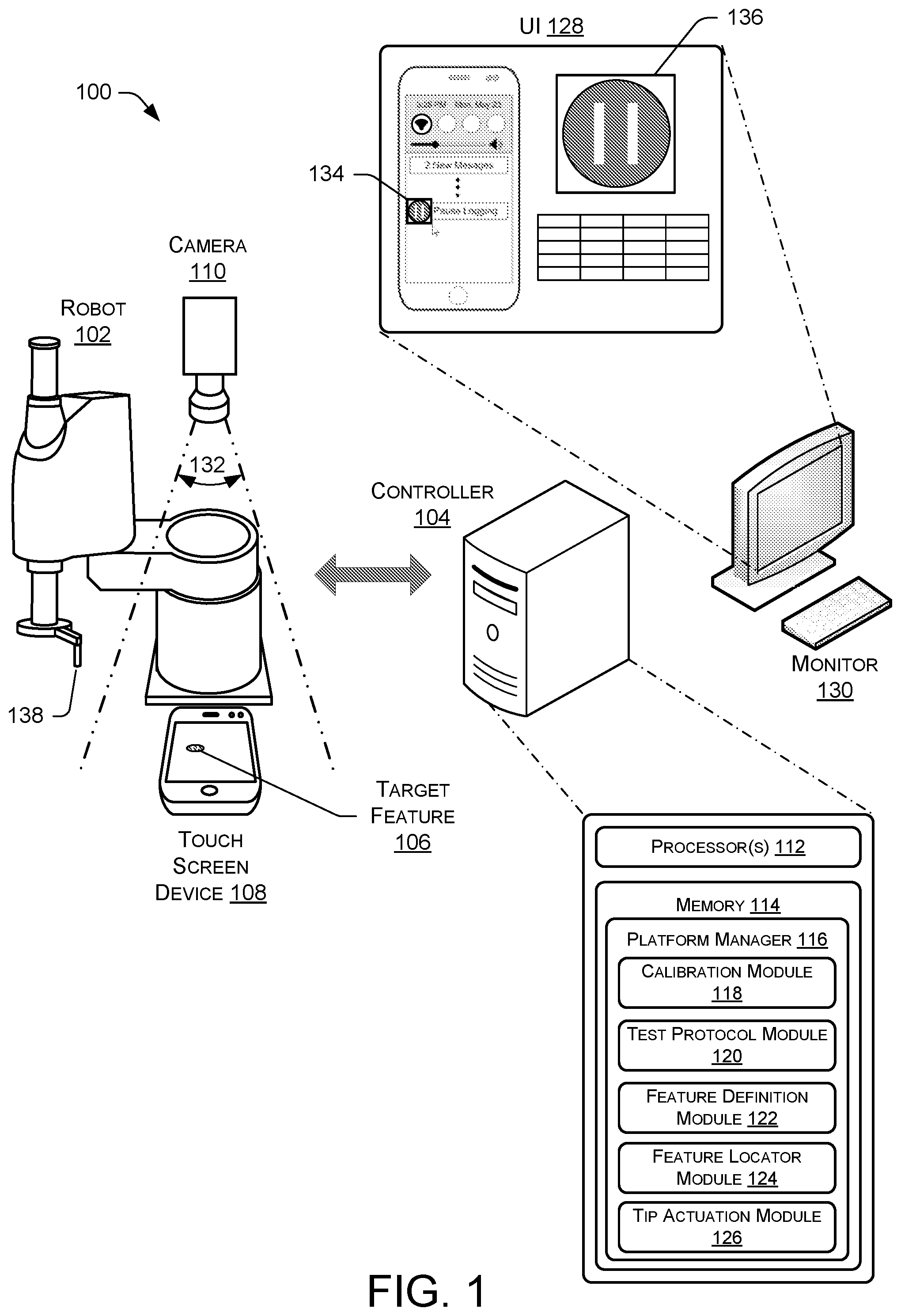 Patent US12496725 Figure 1 – Touch screen testing platform for engaging a dynamically positioned target feature
