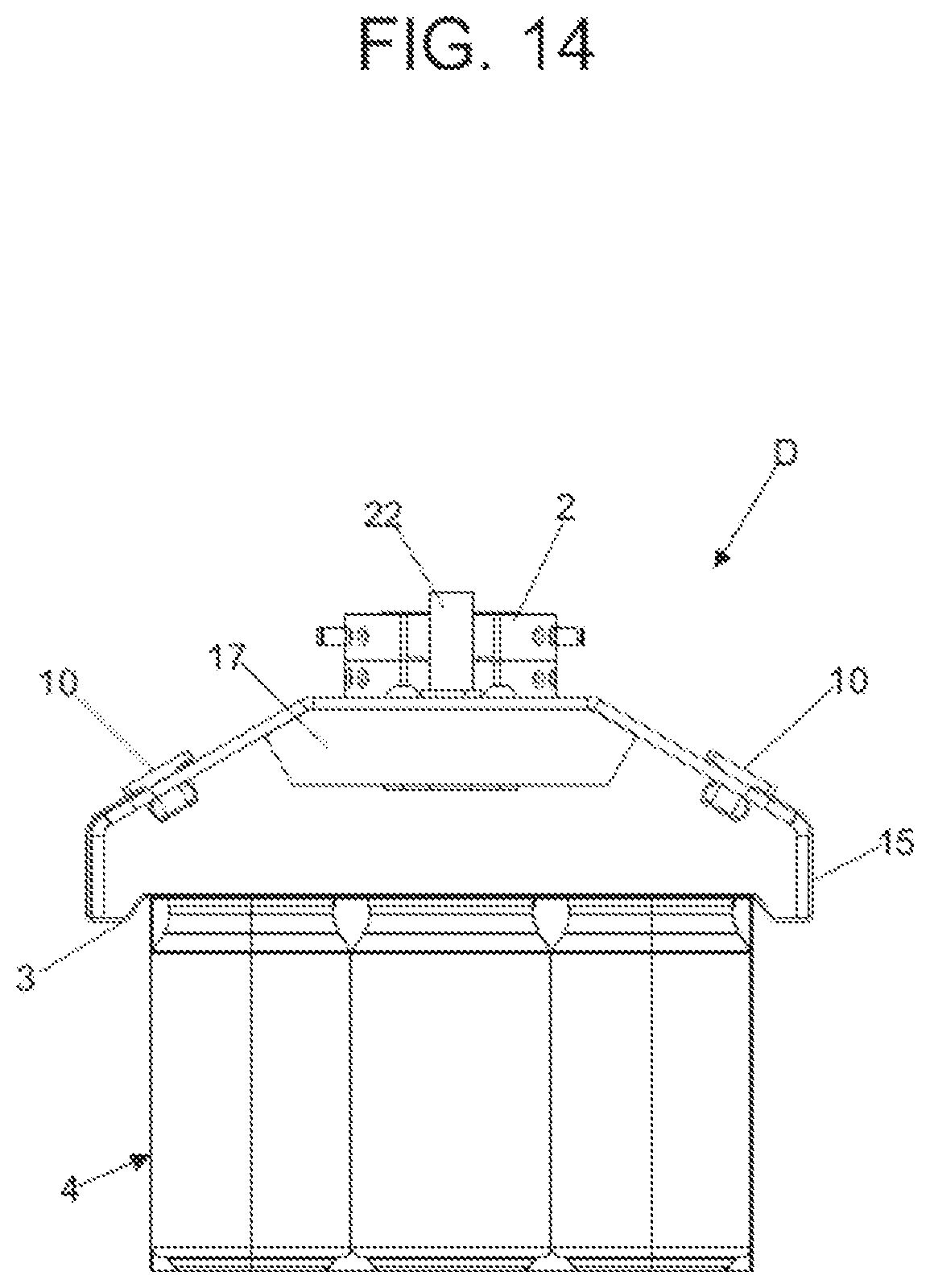 Patent US12496729 Figure 15 – Device for handling products in individual or grouped containers based on movement by elastic pressure in the top of the containers