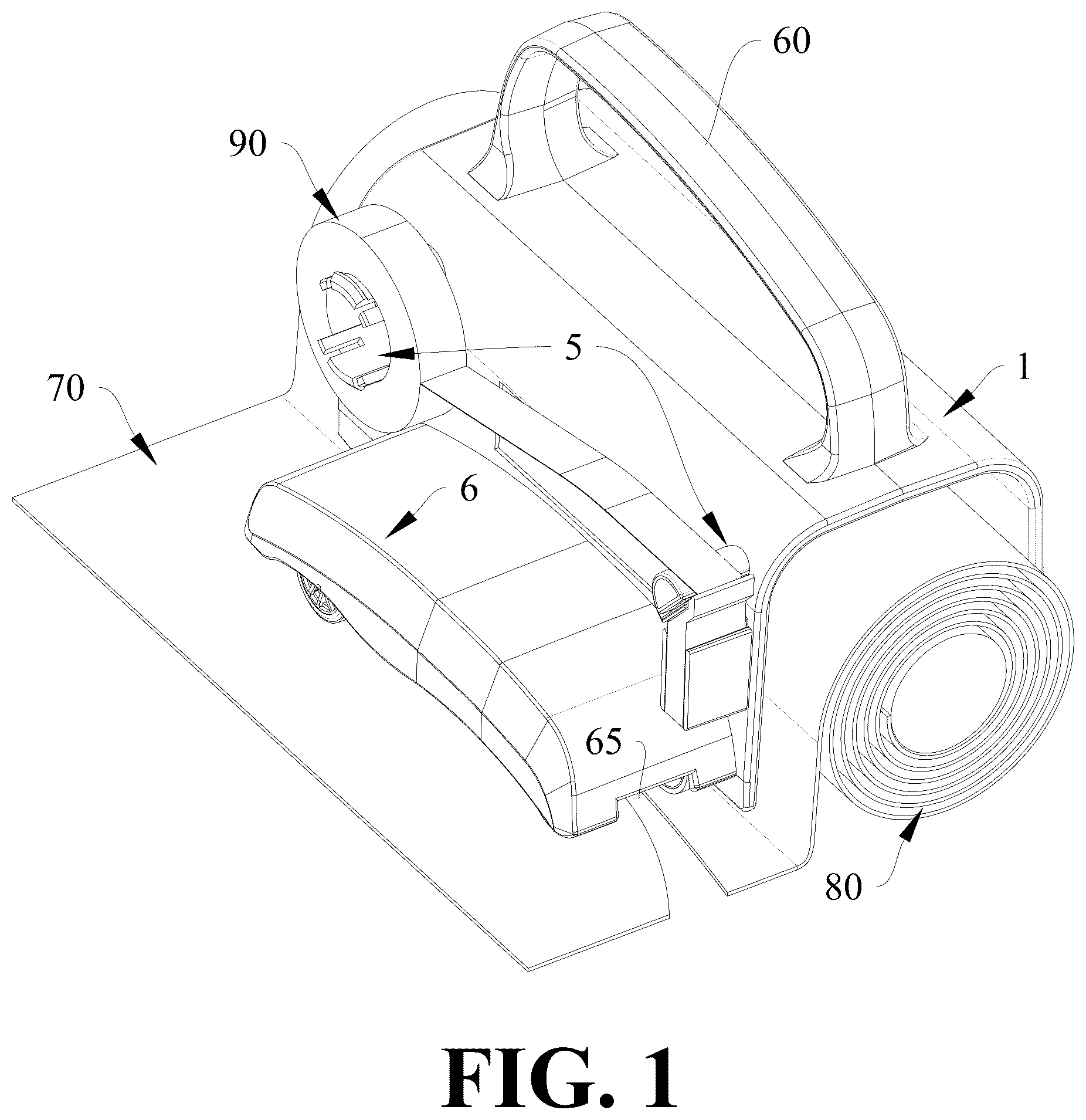Patent US12496738 Figure 1 – Integrated paper and adhesive tape cutting device