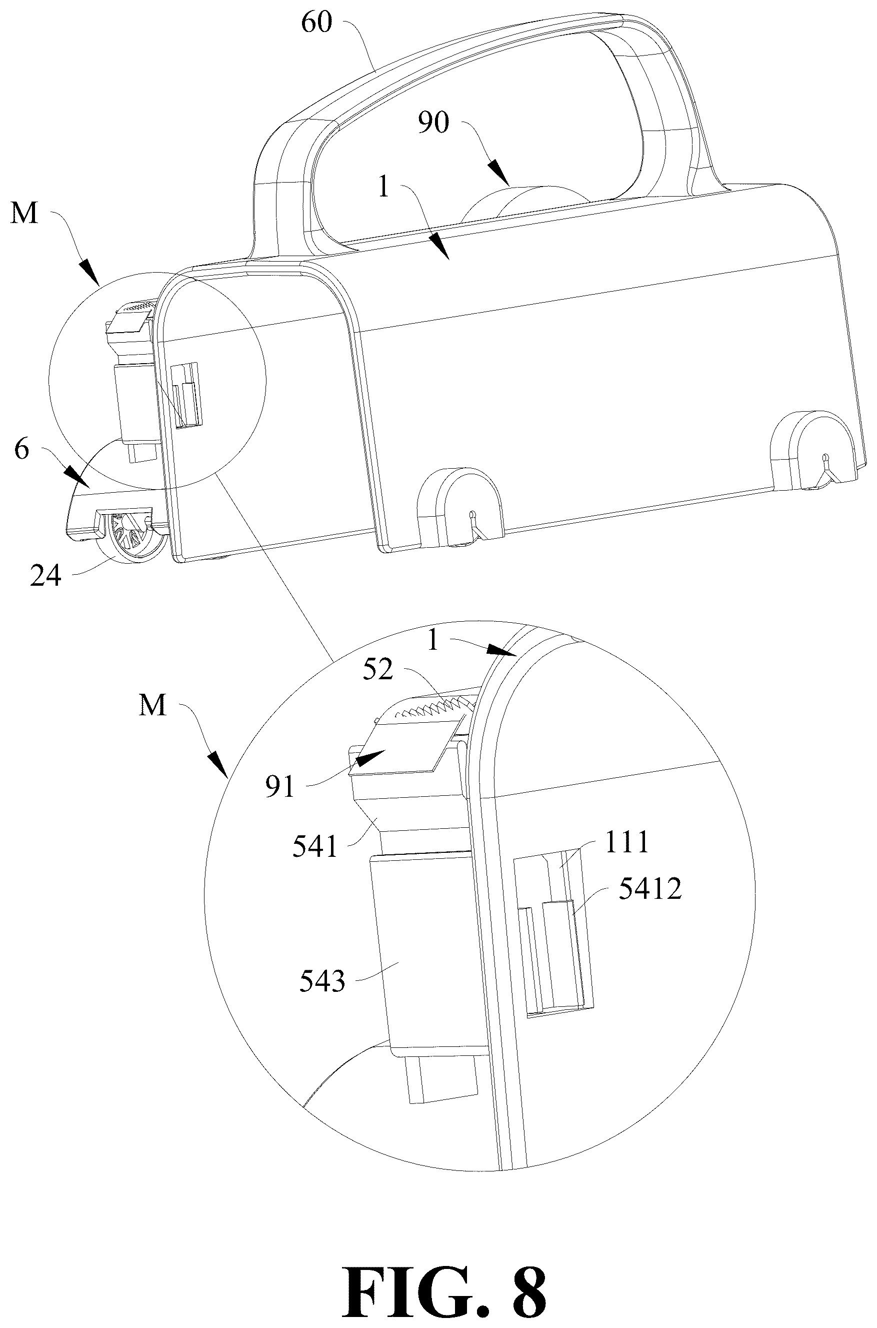 Patent US12496738 Figure 8 – Integrated paper and adhesive tape cutting device