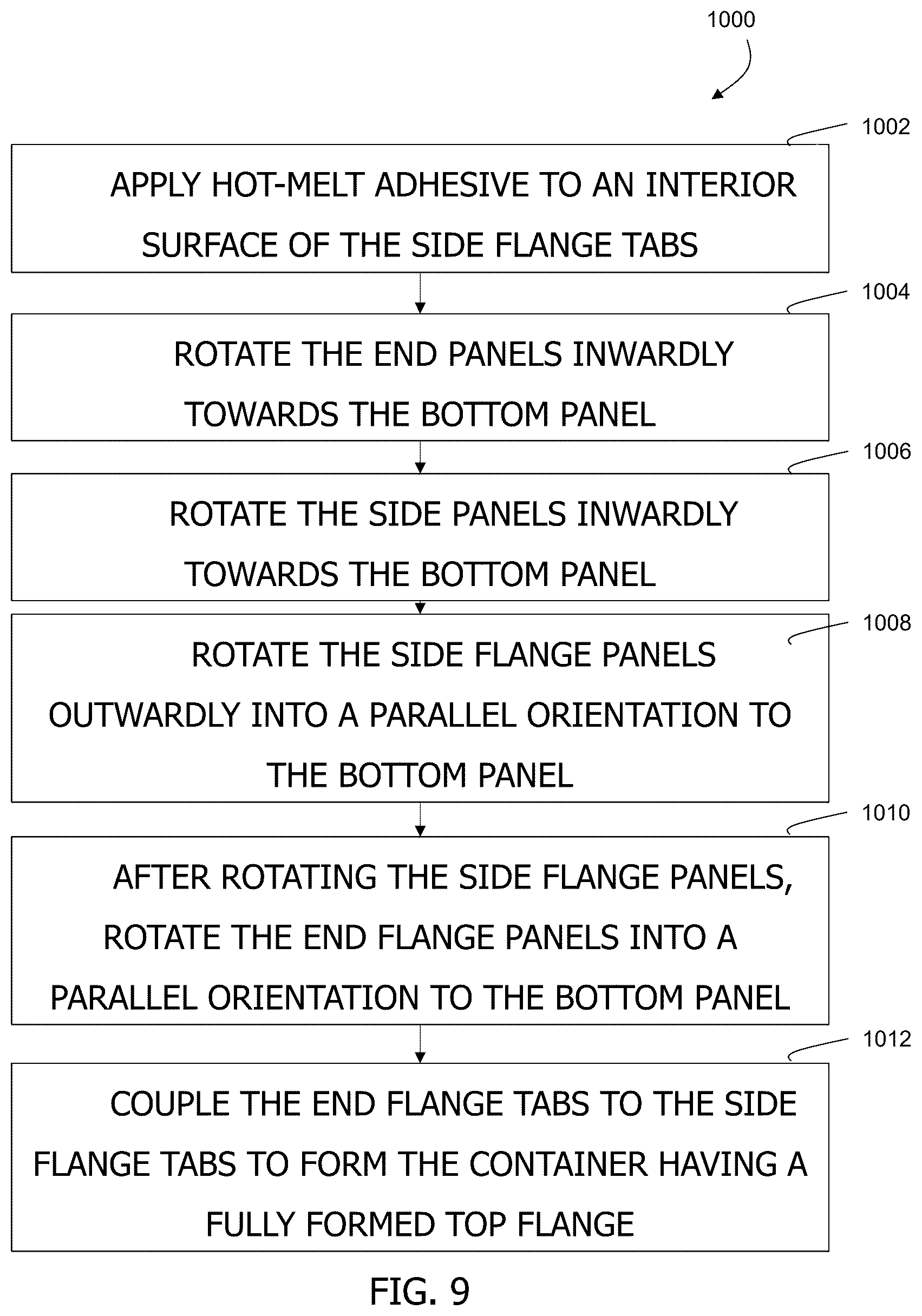 Patent US12496796 Figure 9 – Methods and machine for forming containers having top flange with glued corners