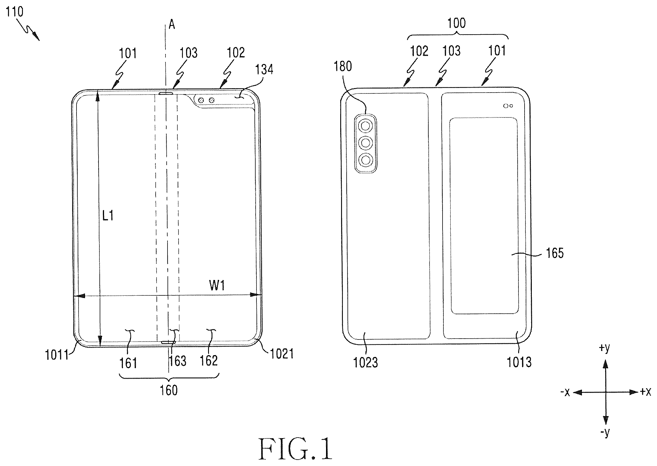 Patent US12496799 Figure 1 – Electronic device including foldable display
