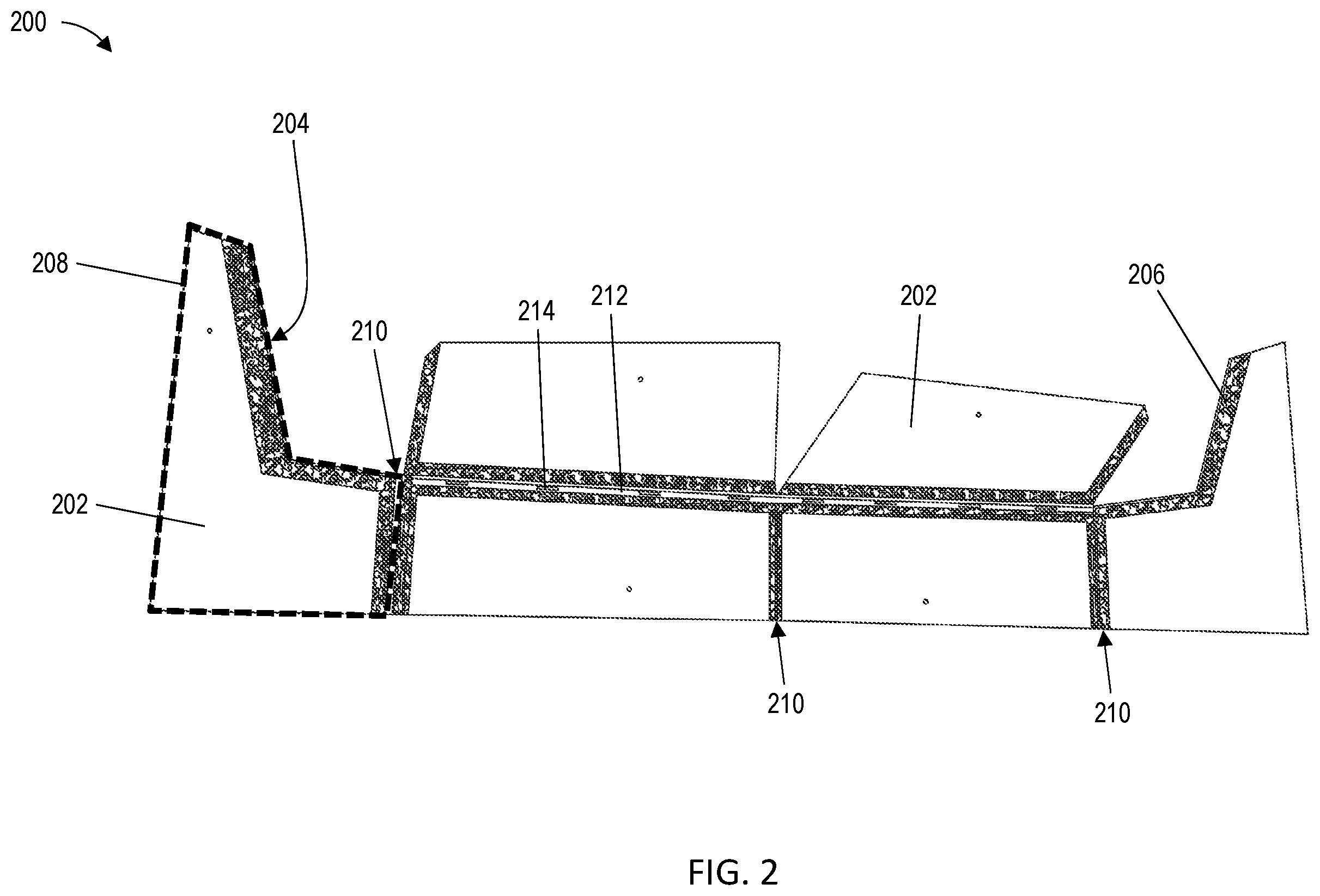 Patent US12496806 Figure 2 – Bent aluminum foam sandwich with delamination insert