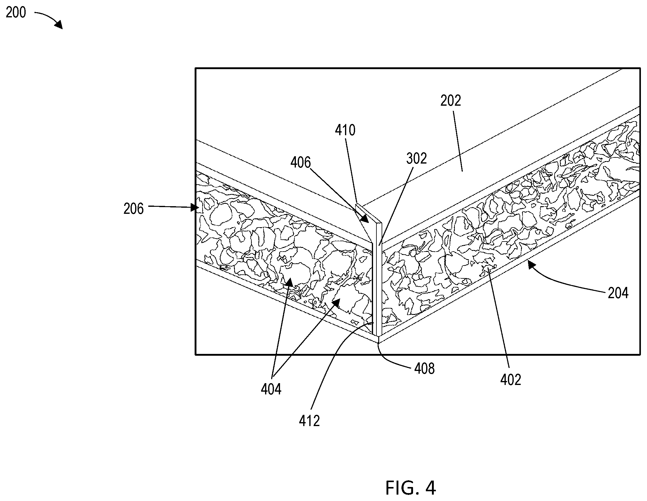 Patent US12496806 Figure 4 – Bent aluminum foam sandwich with delamination insert