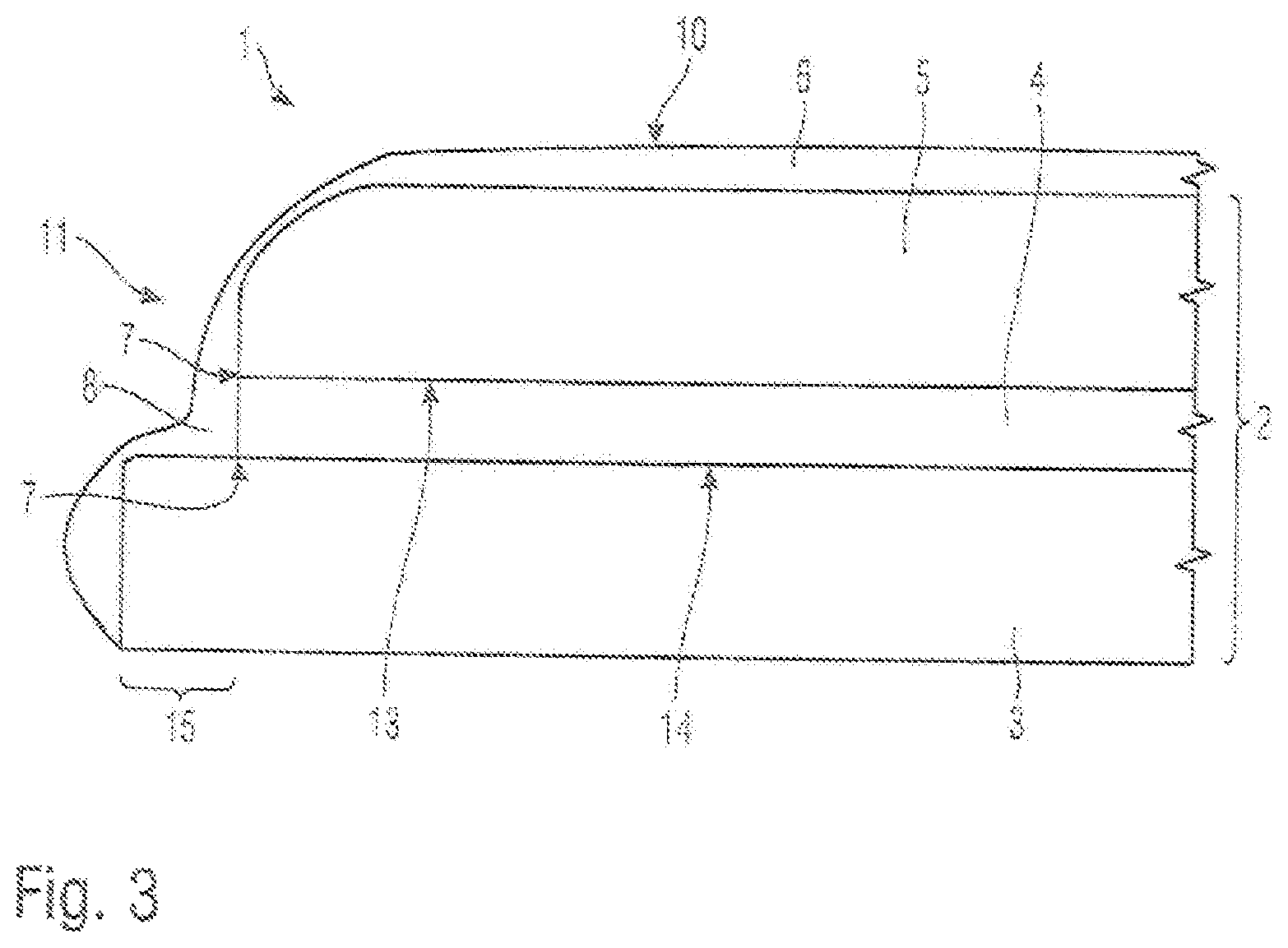 Patent US12496812 Figure 3 – Visible part having a layer structure for an operating part or a decorative trim with better protection as a result of a protective paint coating