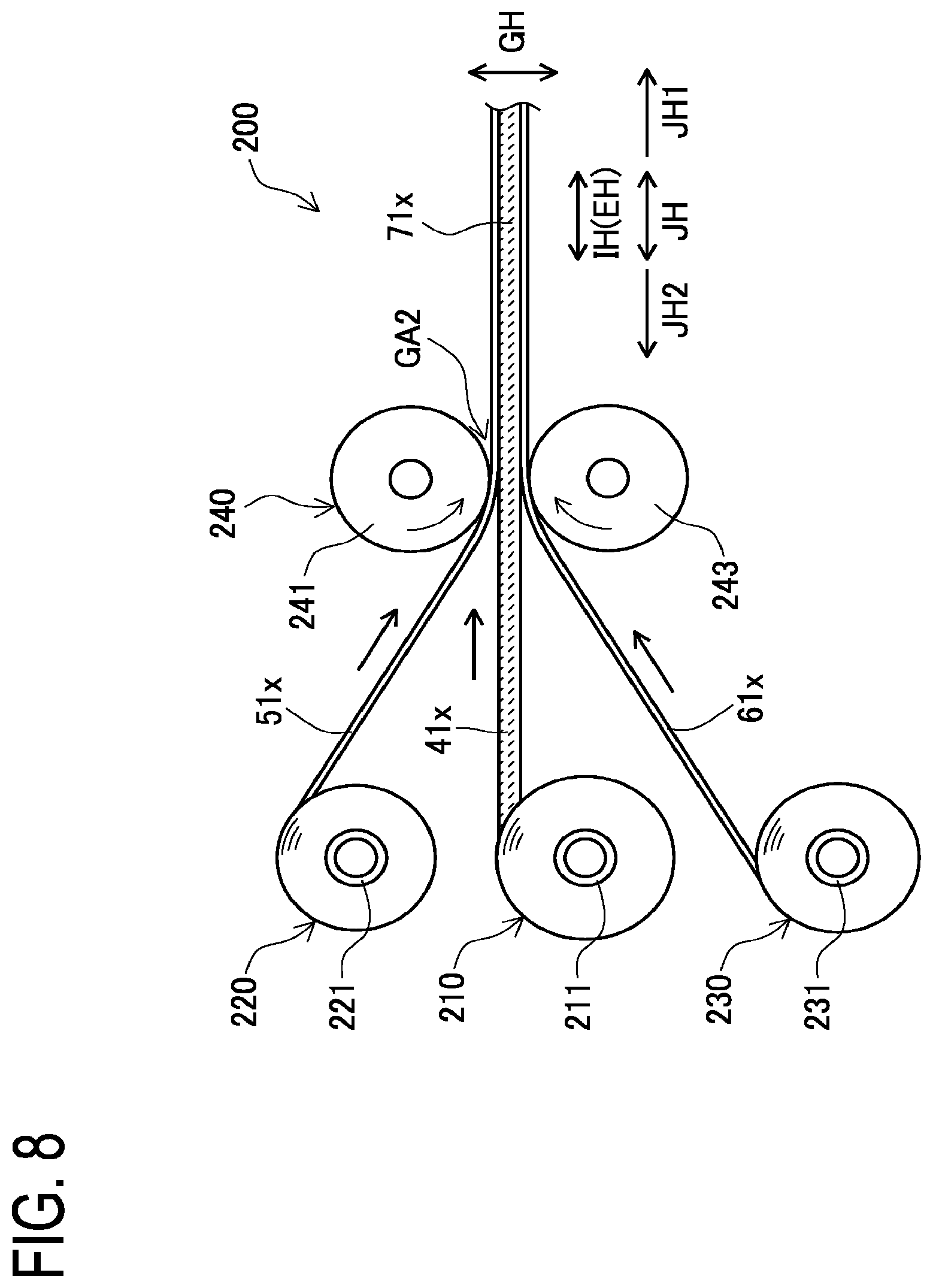 Patent US12496816 Figure 8 – Laminated body pressing apparatus, pressed strip-shaped laminated body manufacturing method, laminated electrode body manufacturing method, and battery manufacturing method