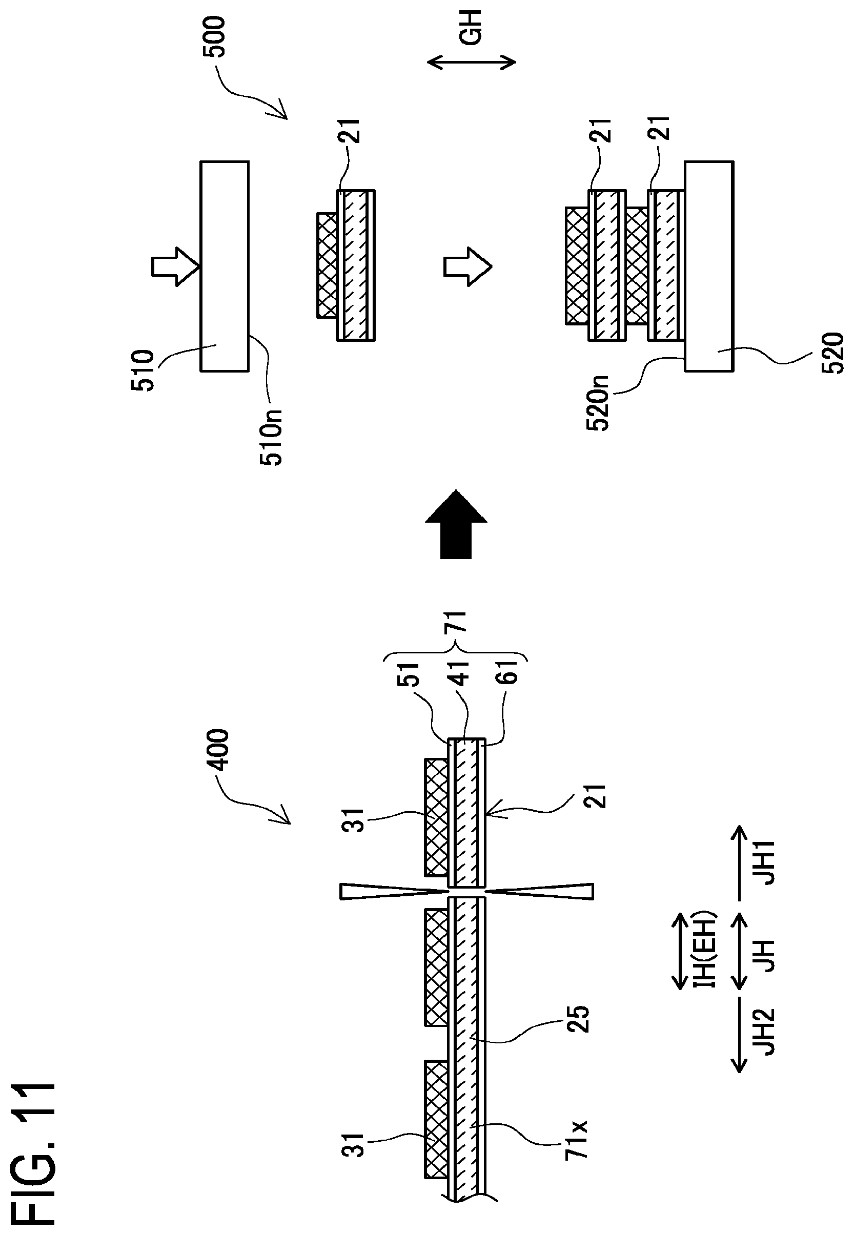 Patent US12496816 Figure 11 – Laminated body pressing apparatus, pressed strip-shaped laminated body manufacturing method, laminated electrode body manufacturing method, and battery manufacturing method