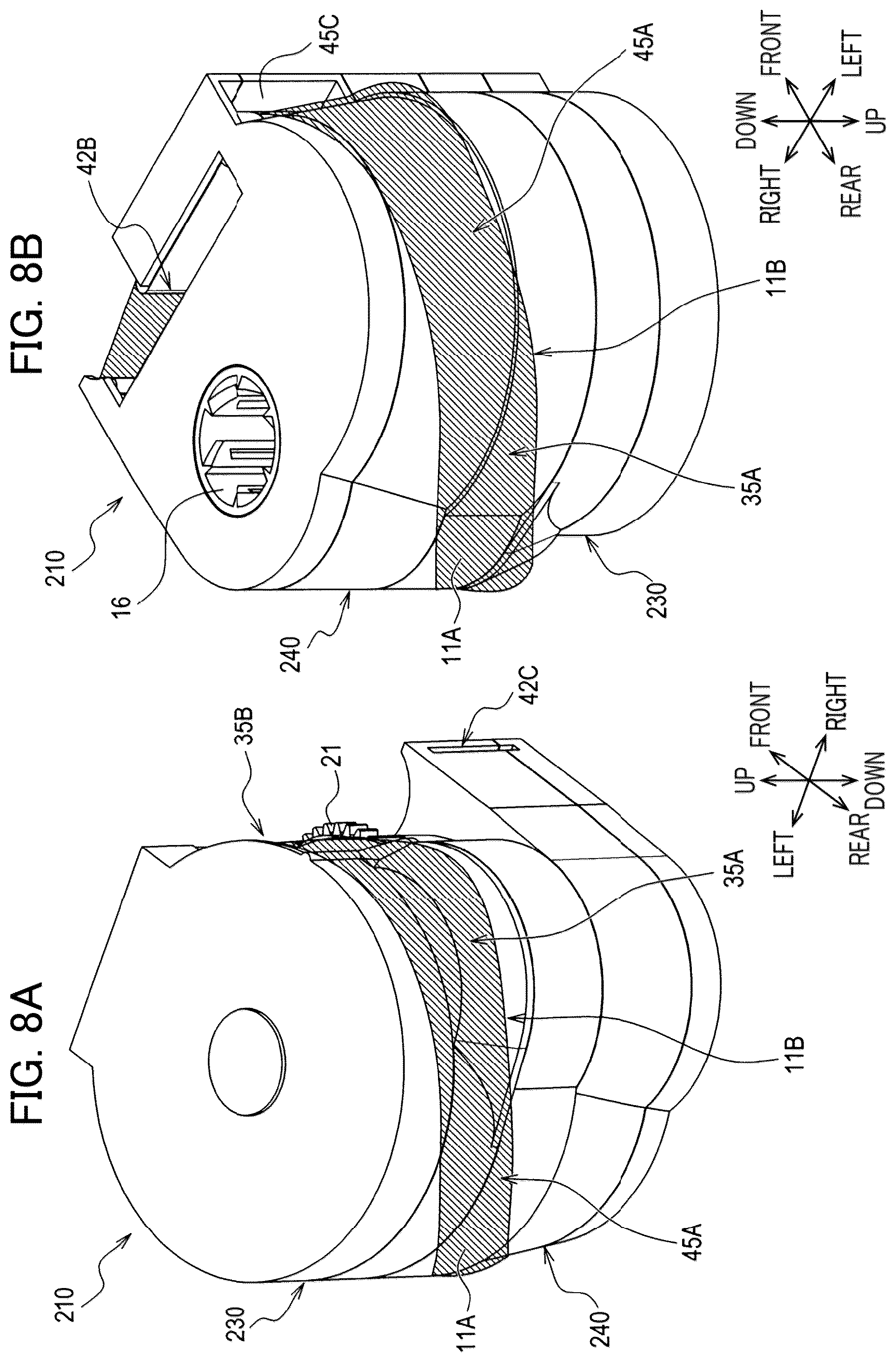 Patent US12496844 Figure 8 – Auxiliary tape cassette provided with case having guide surface around which printing tape is wrapped to form spiral portion