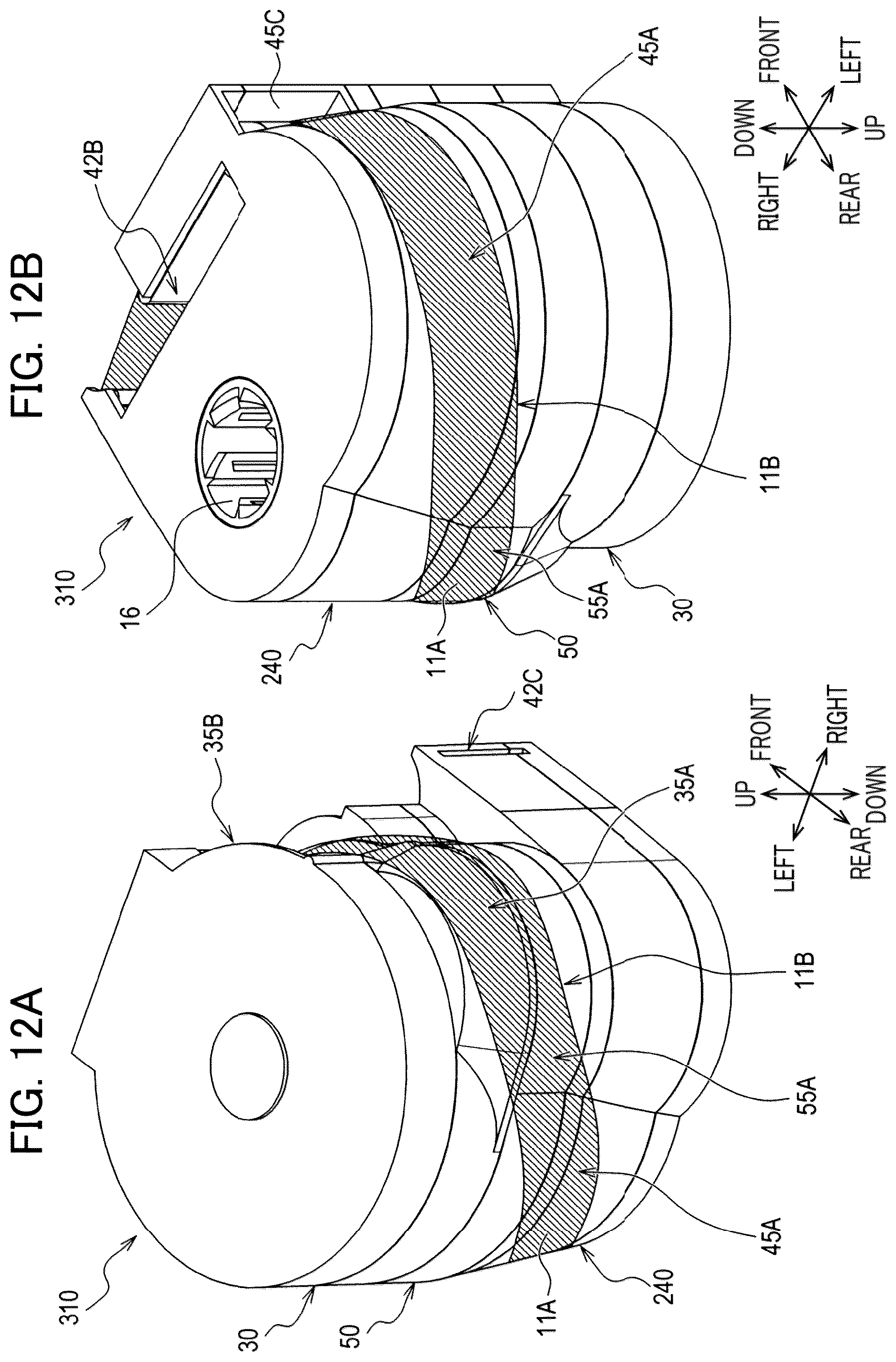 Patent US12496844 Figure 12 – Auxiliary tape cassette provided with case having guide surface around which printing tape is wrapped to form spiral portion