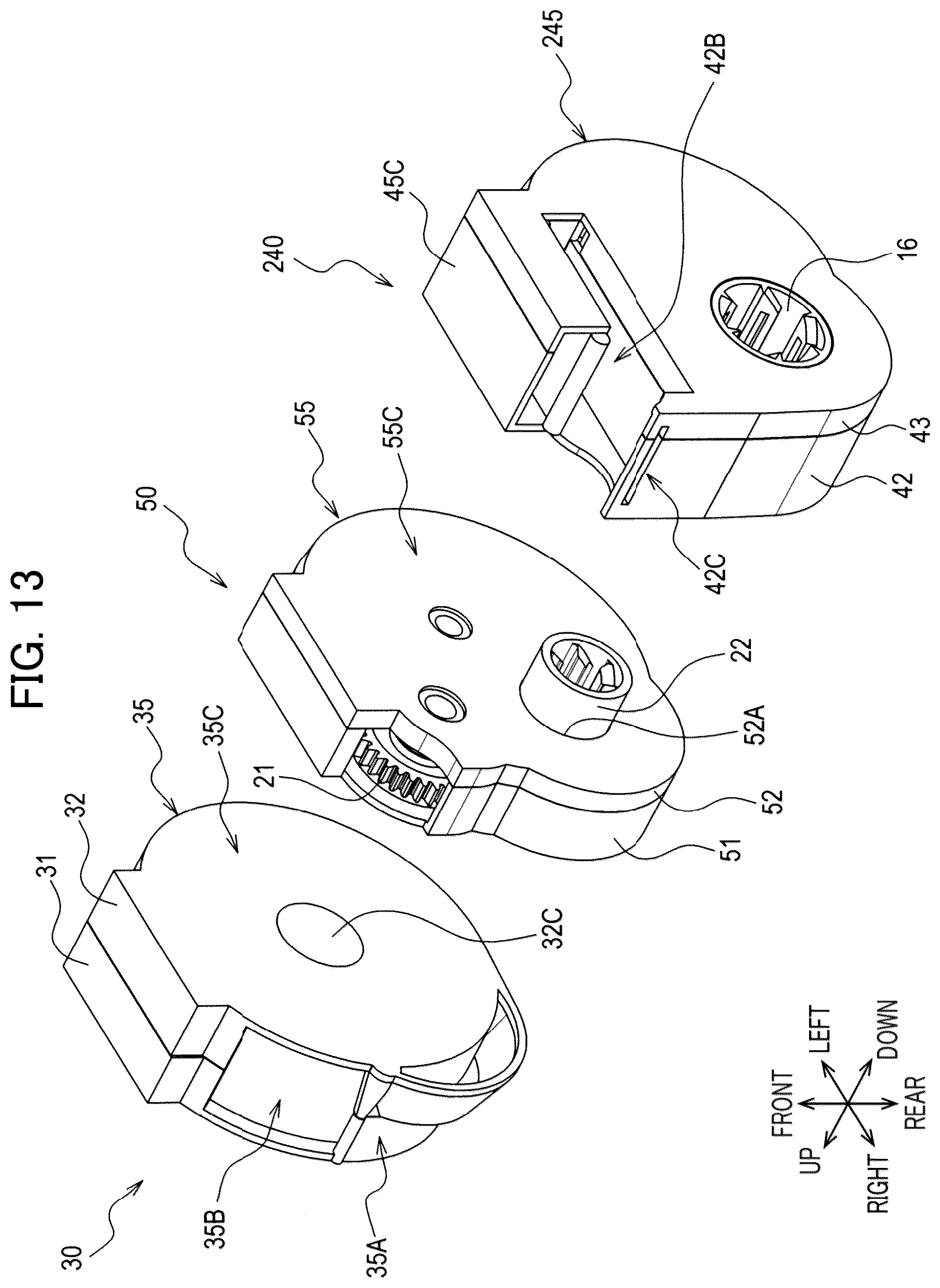 Patent US12496844 Figure 13 – Auxiliary tape cassette provided with case having guide surface around which printing tape is wrapped to form spiral portion