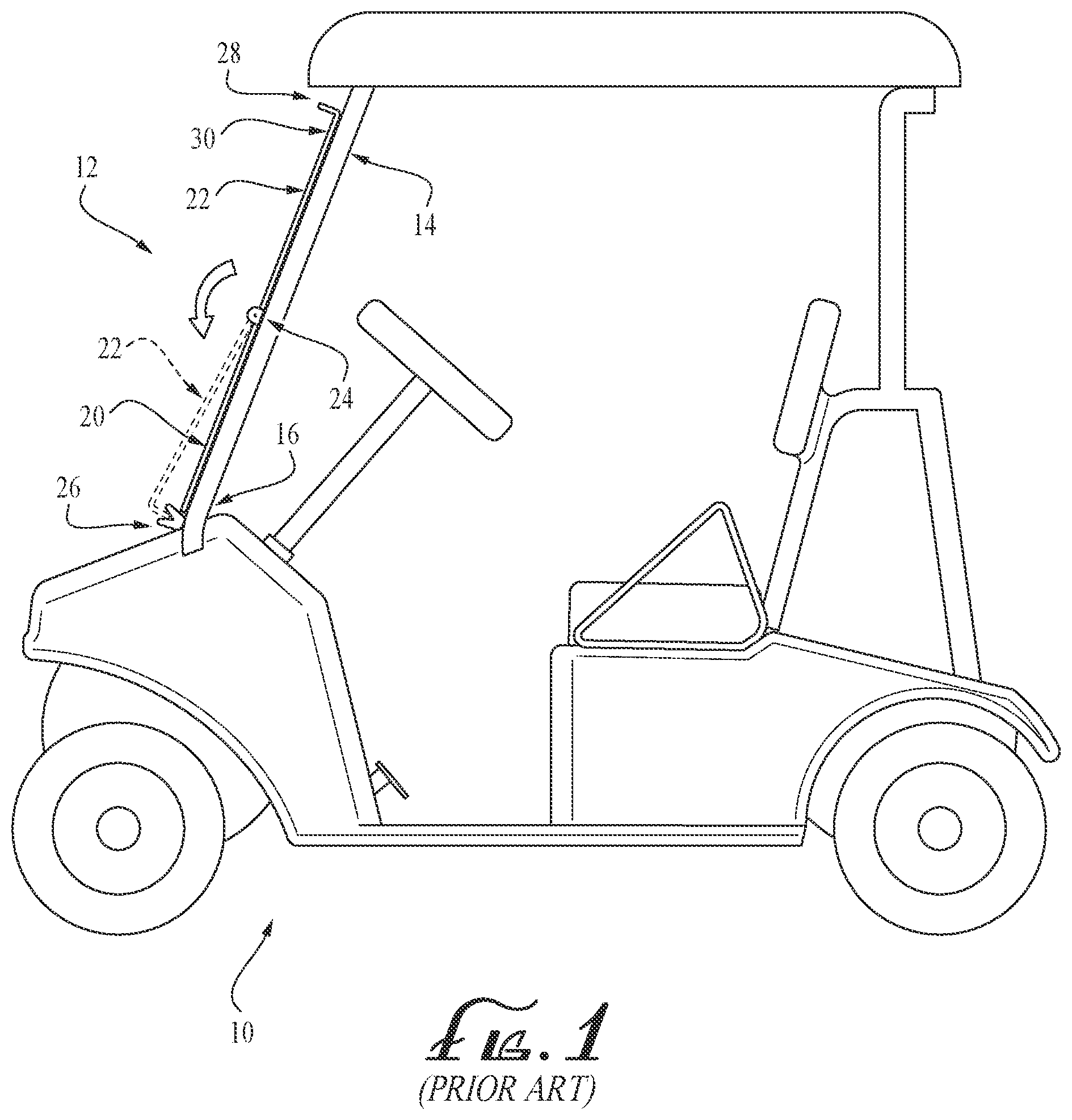 Patent US12496882 — Supporting golf-cart pivotal windshield for use as table — Figure 1