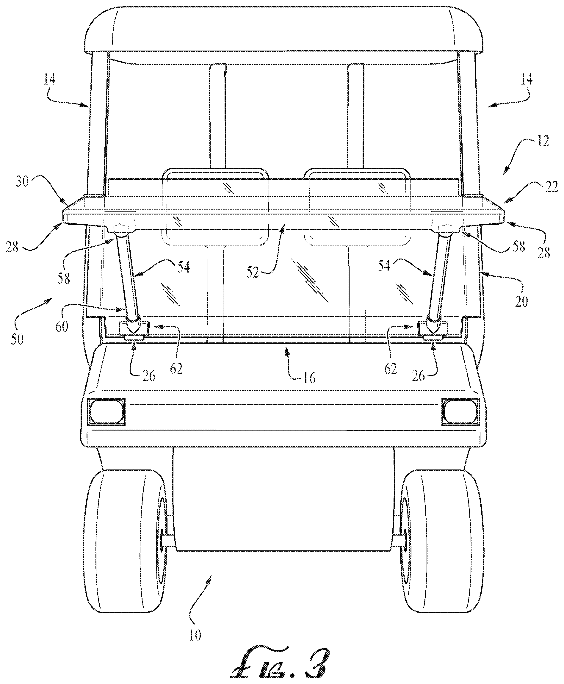 Patent US12496882 Figure 3 – Supporting golf-cart pivotal windshield for use as table