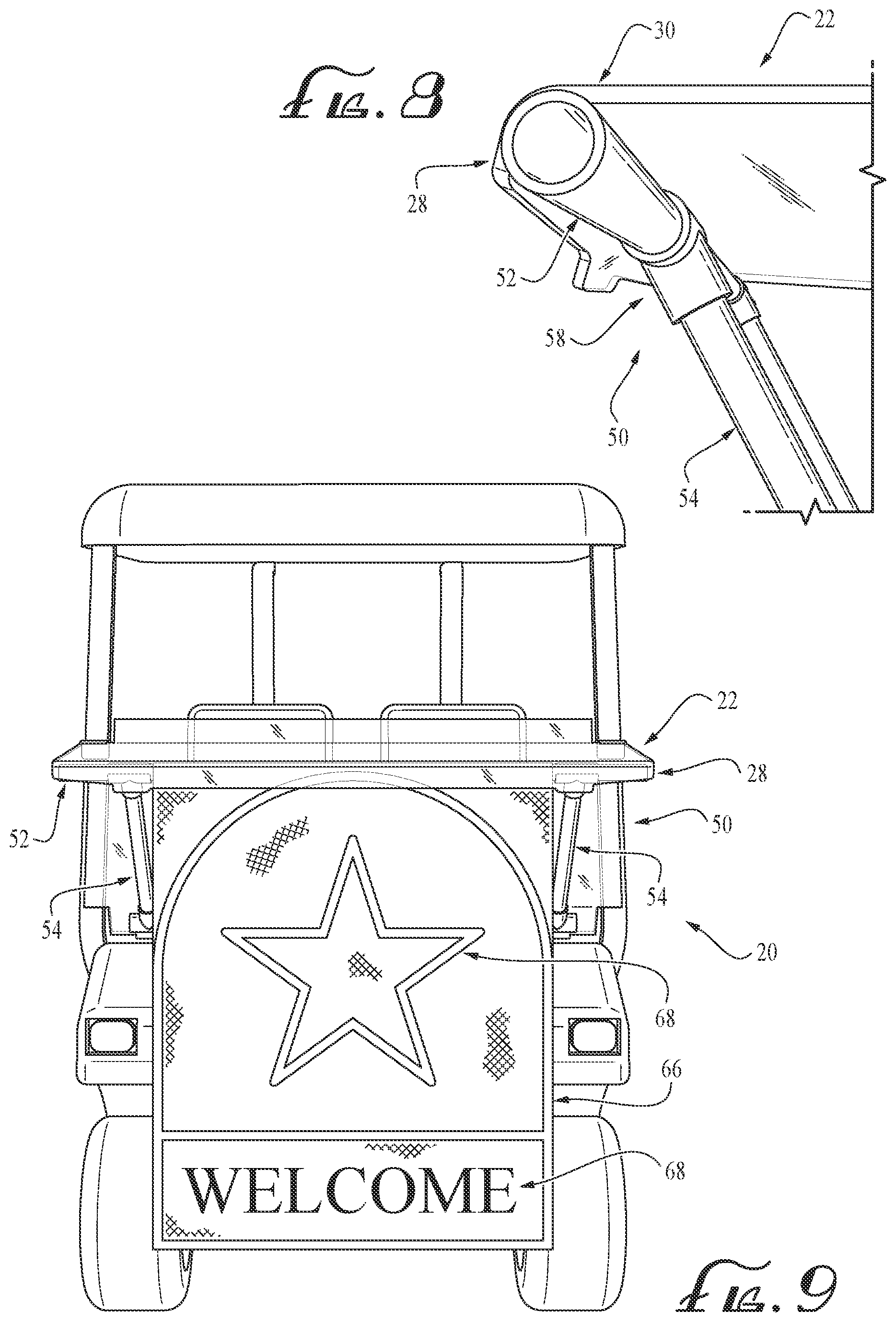 Patent US12496882 Figure 6 – Supporting golf-cart pivotal windshield for use as table