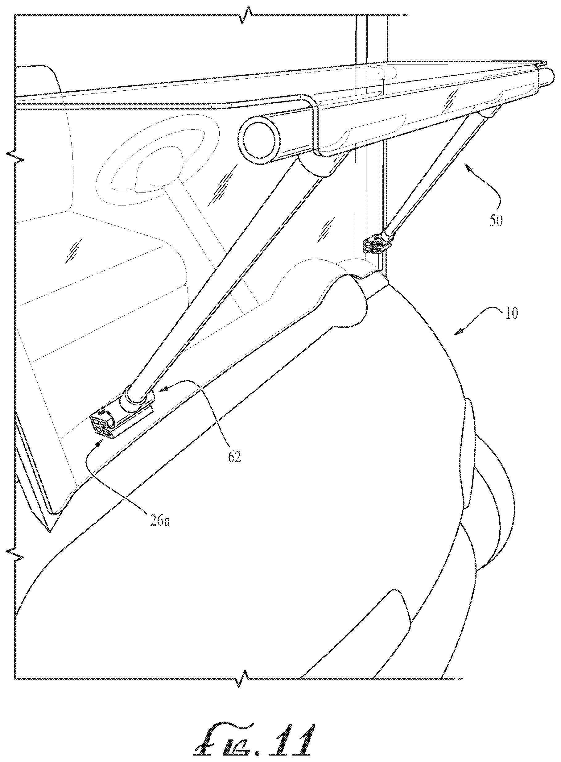 Patent US12496882 Figure 8 – Supporting golf-cart pivotal windshield for use as table