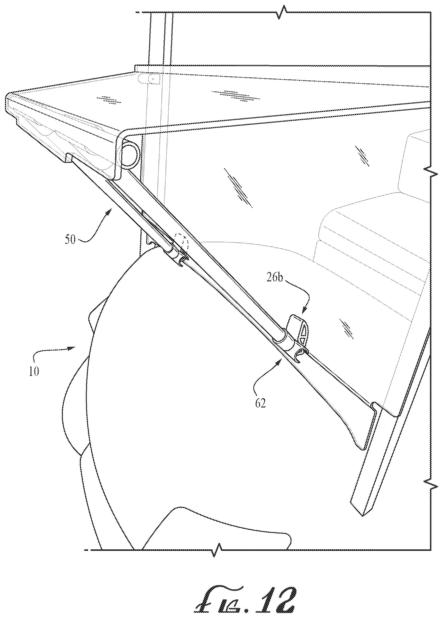 Patent US12496882 Figure 9 – Supporting golf-cart pivotal windshield for use as table