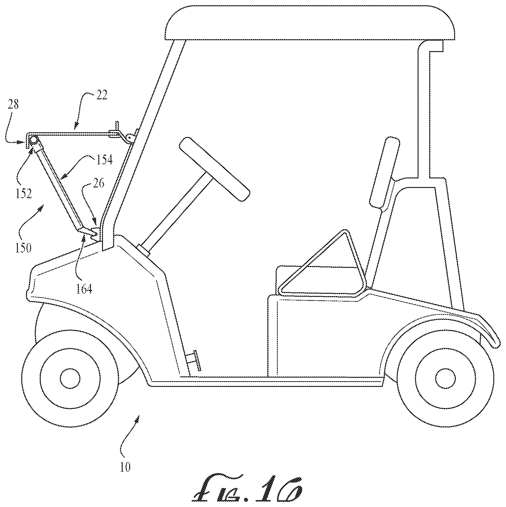 Patent US12496882 Figure 12 – Supporting golf-cart pivotal windshield for use as table
