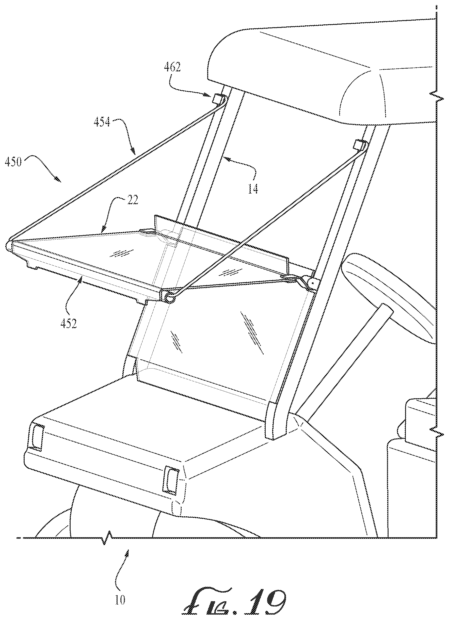 Patent US12496882 Figure 14 – Supporting golf-cart pivotal windshield for use as table