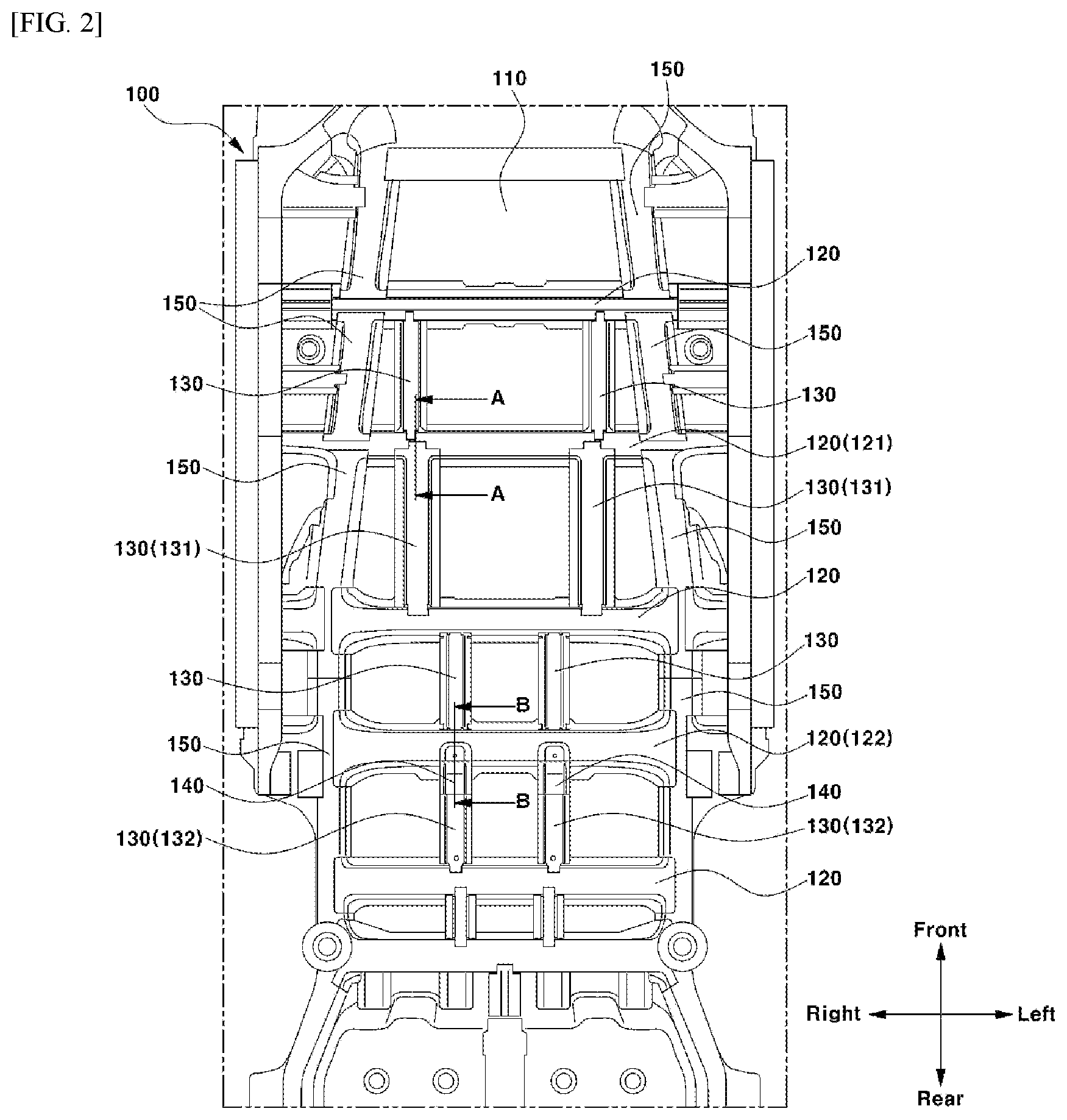 Patent US12496887 Figure 2 – Vehicle lower structure for mounting battery