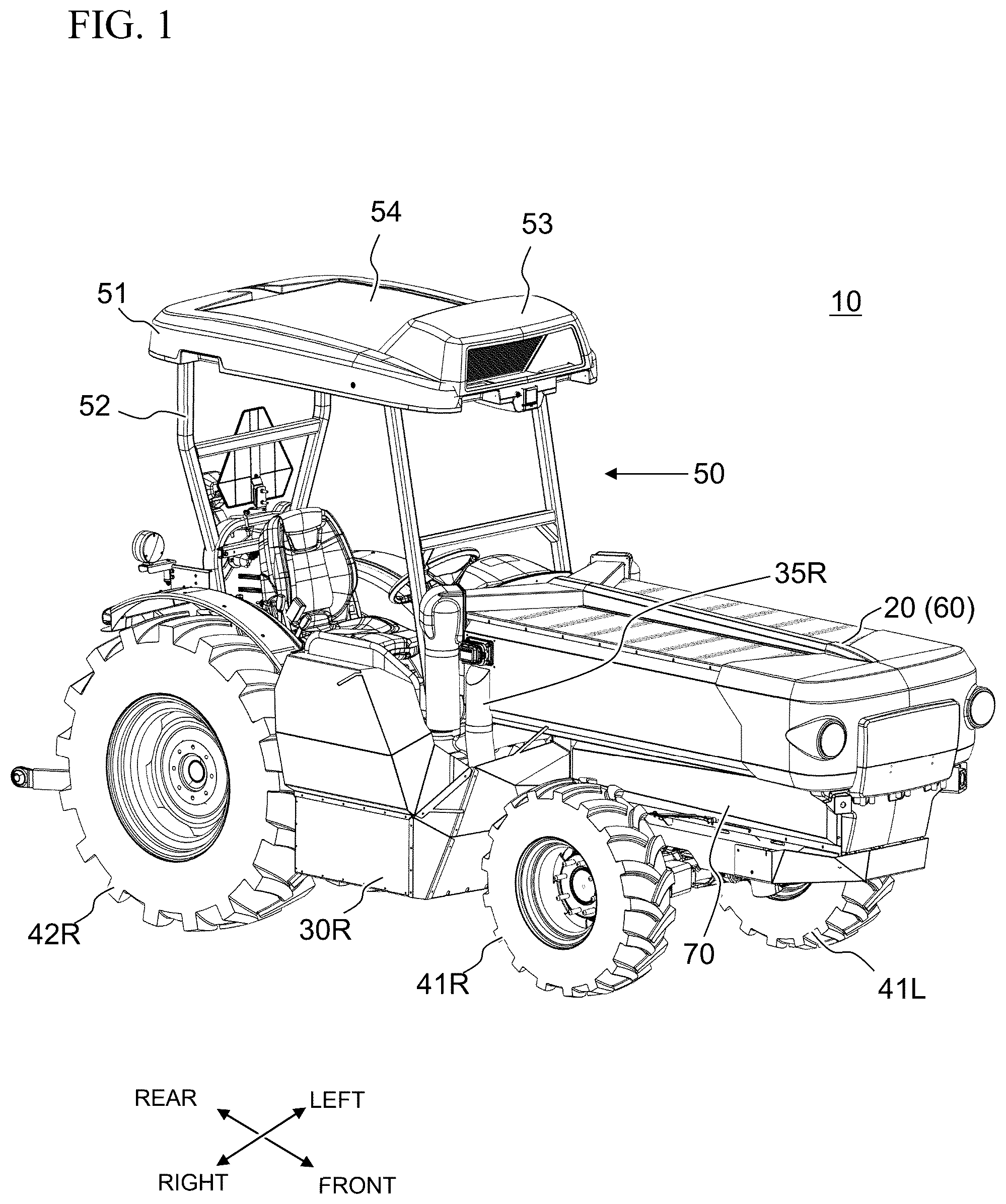 Patent US12496890 Figure 1 – Work vehicle with horizontally offset battery housings