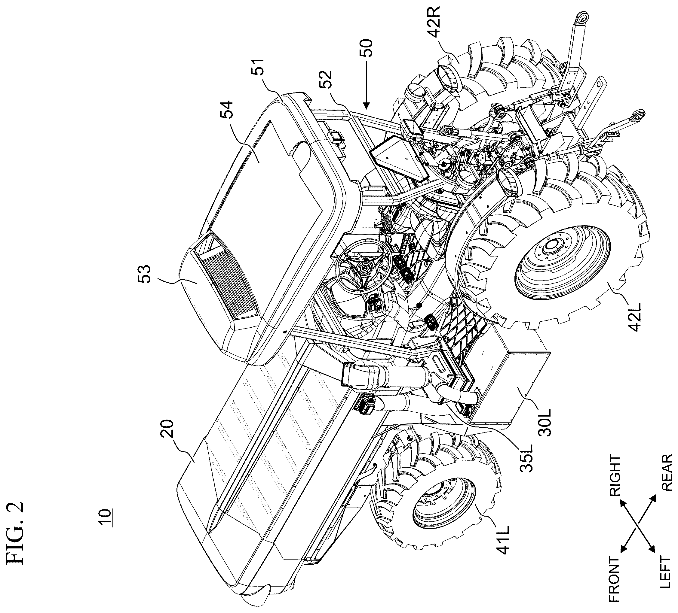 Patent US12496890 Figure 2 – Work vehicle with horizontally offset battery housings