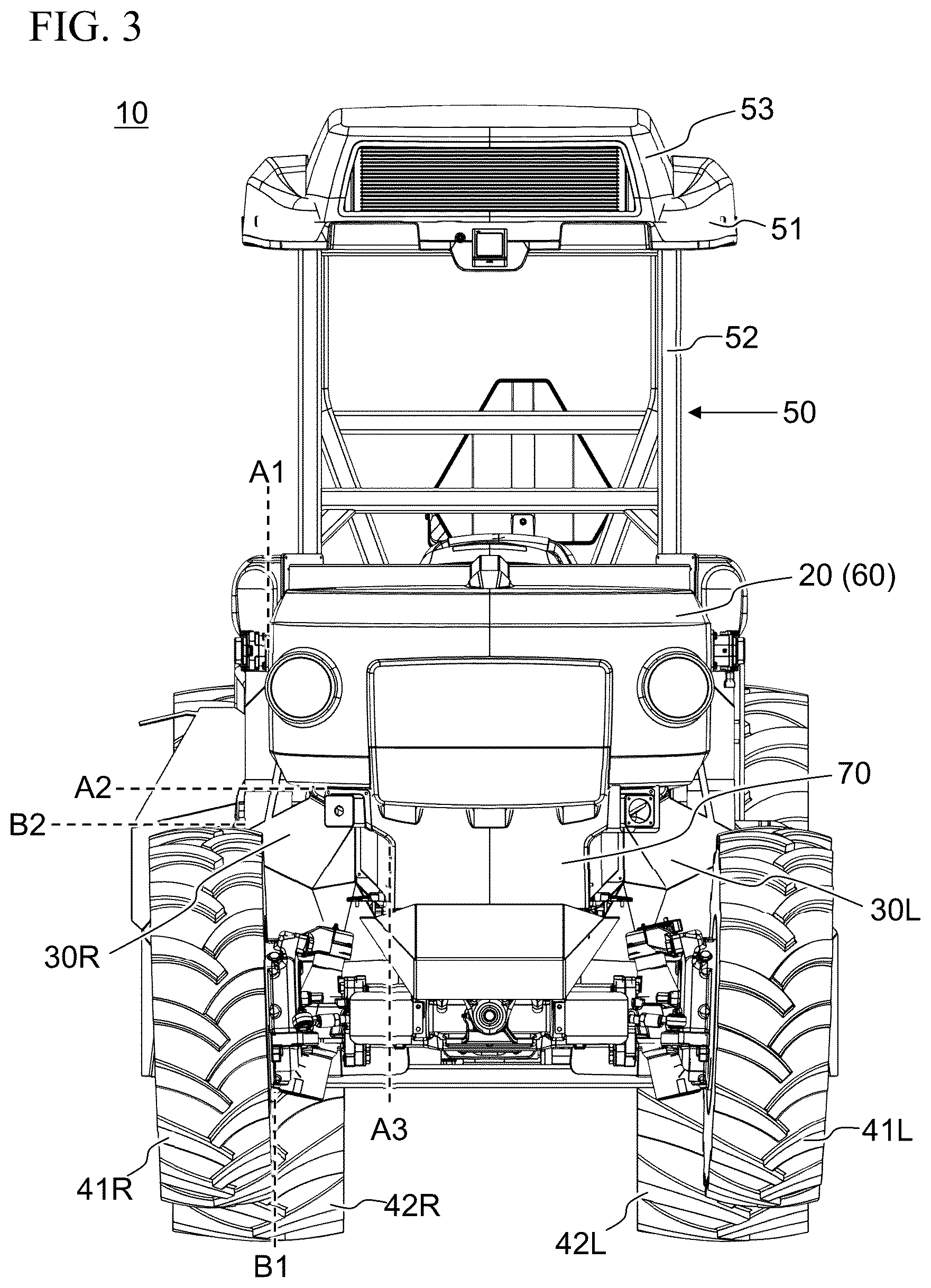 Patent US12496890 Figure 3 – Work vehicle with horizontally offset battery housings