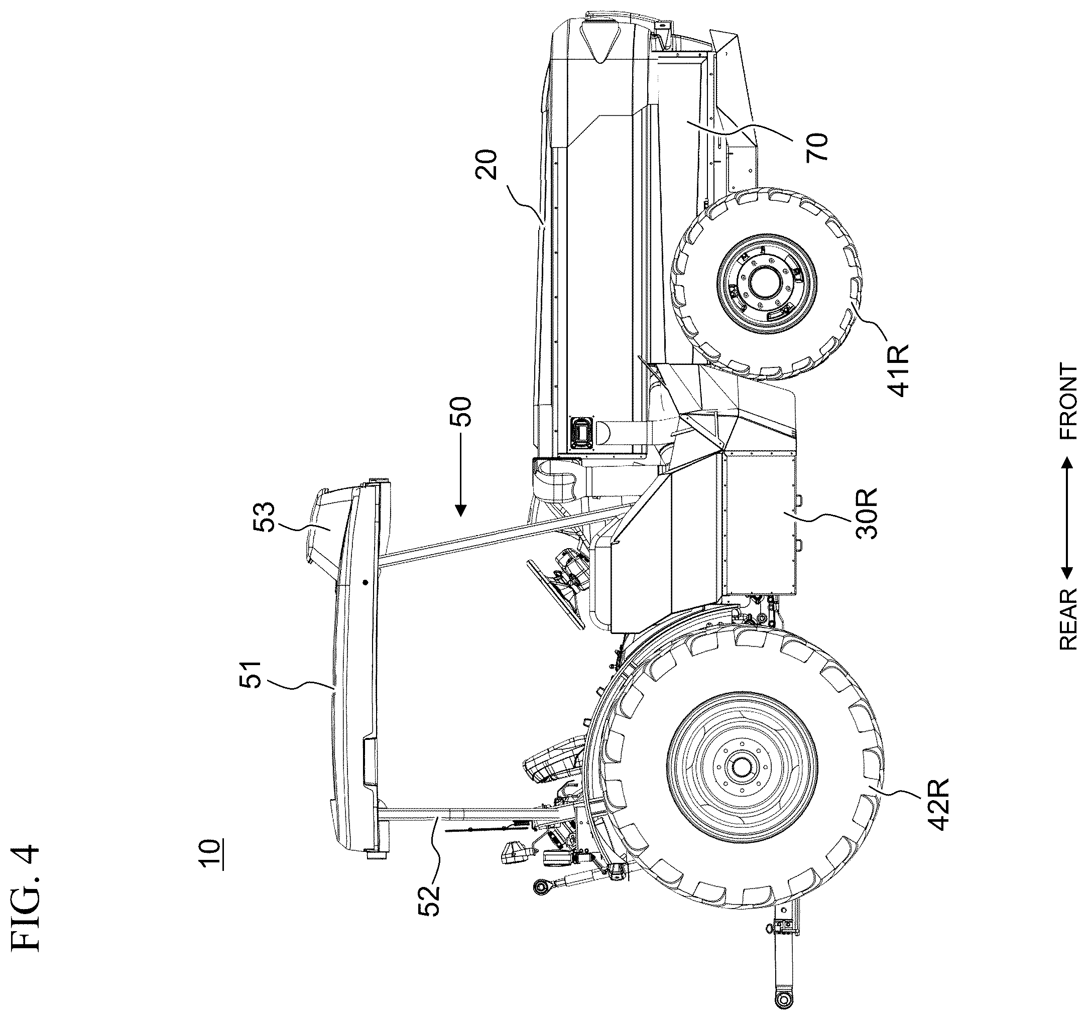 Patent US12496890 Figure 4 – Work vehicle with horizontally offset battery housings
