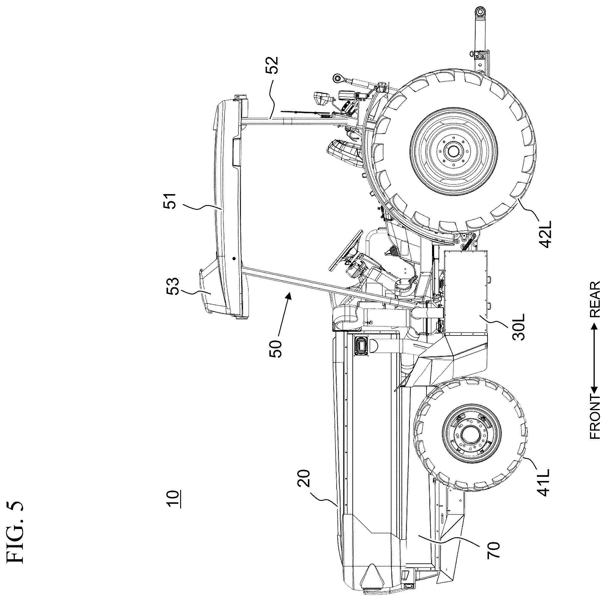 Patent US12496890 Figure 5 – Work vehicle with horizontally offset battery housings