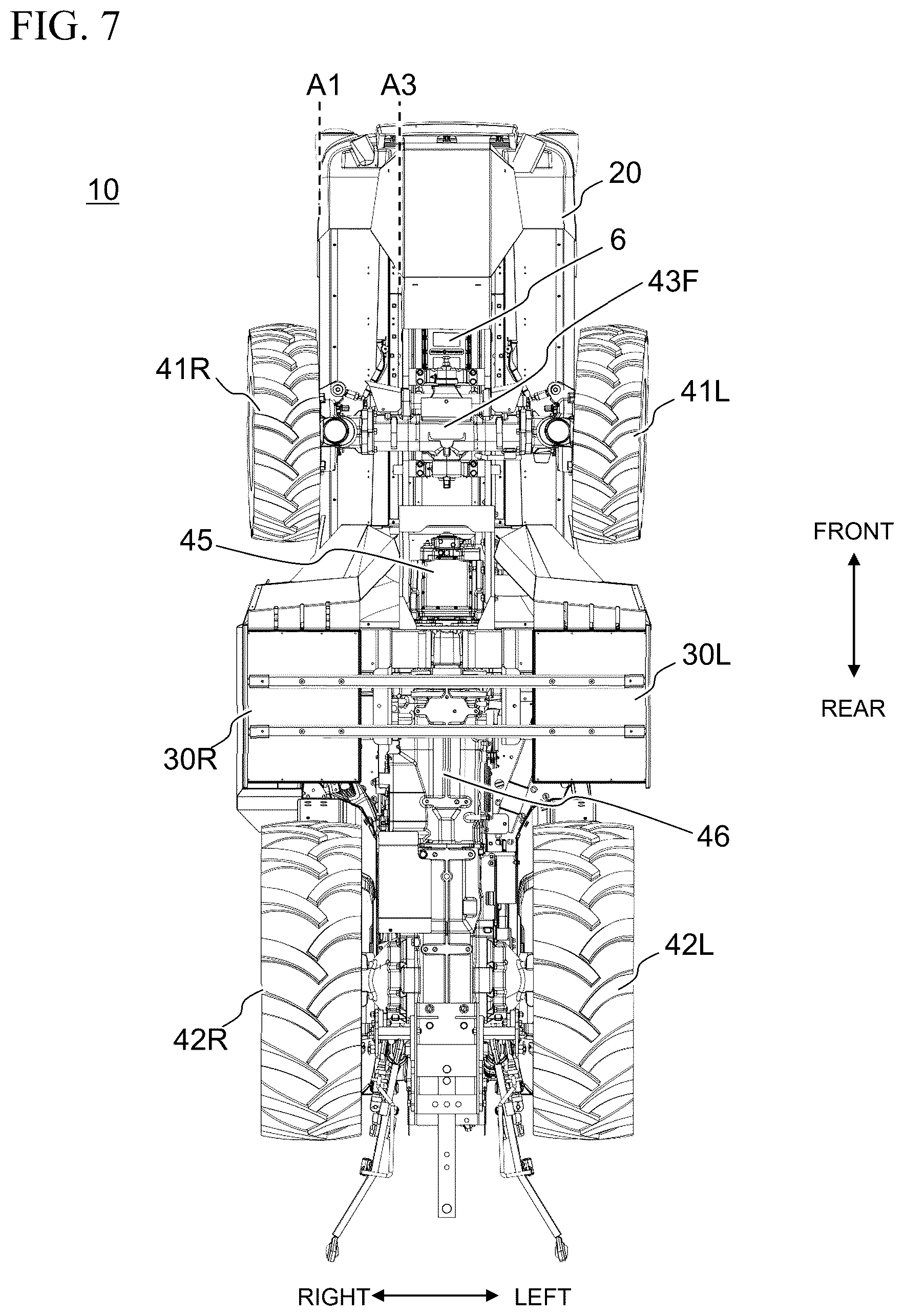 Patent US12496890 Figure 7 – Work vehicle with horizontally offset battery housings