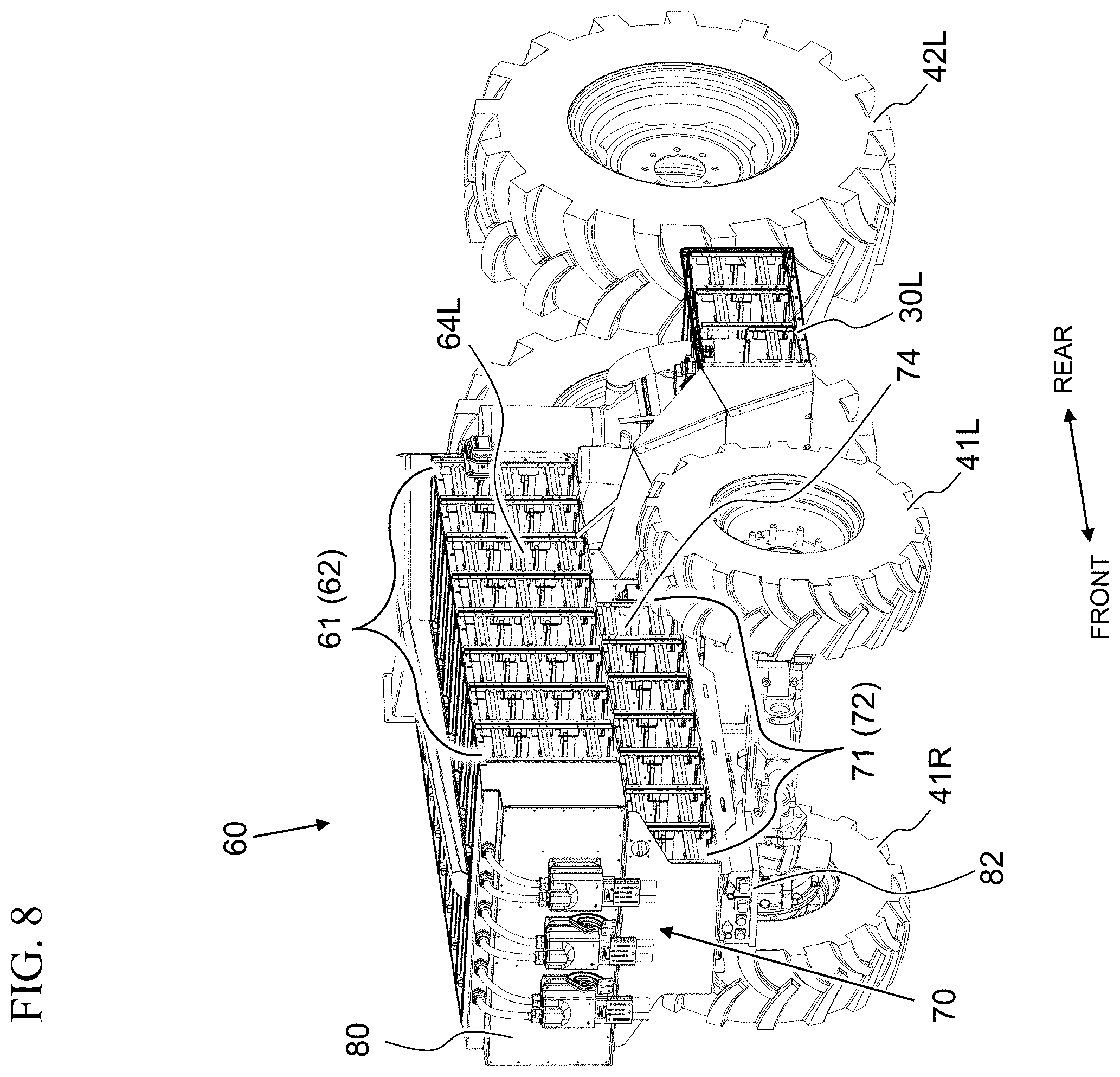 Patent US12496890 Figure 8 – Work vehicle with horizontally offset battery housings